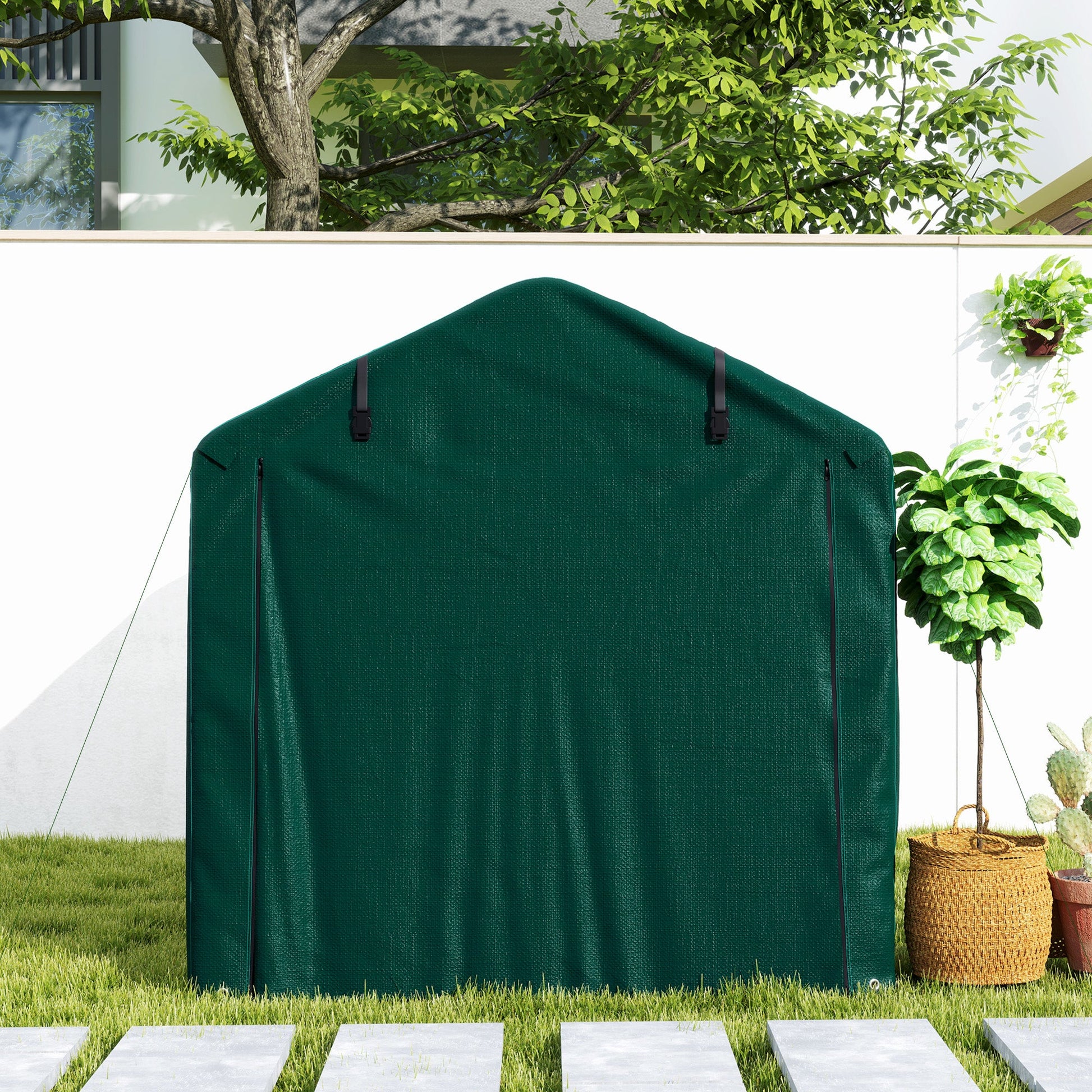 7' x 5' Garden Storage Tent, UV Resistant Bike Shed, Patio Storage Shelter with Roll-up Zipper Door, Outdoor Waterproof Carport Shelter for Bike, Motorcycle, Dark Green
