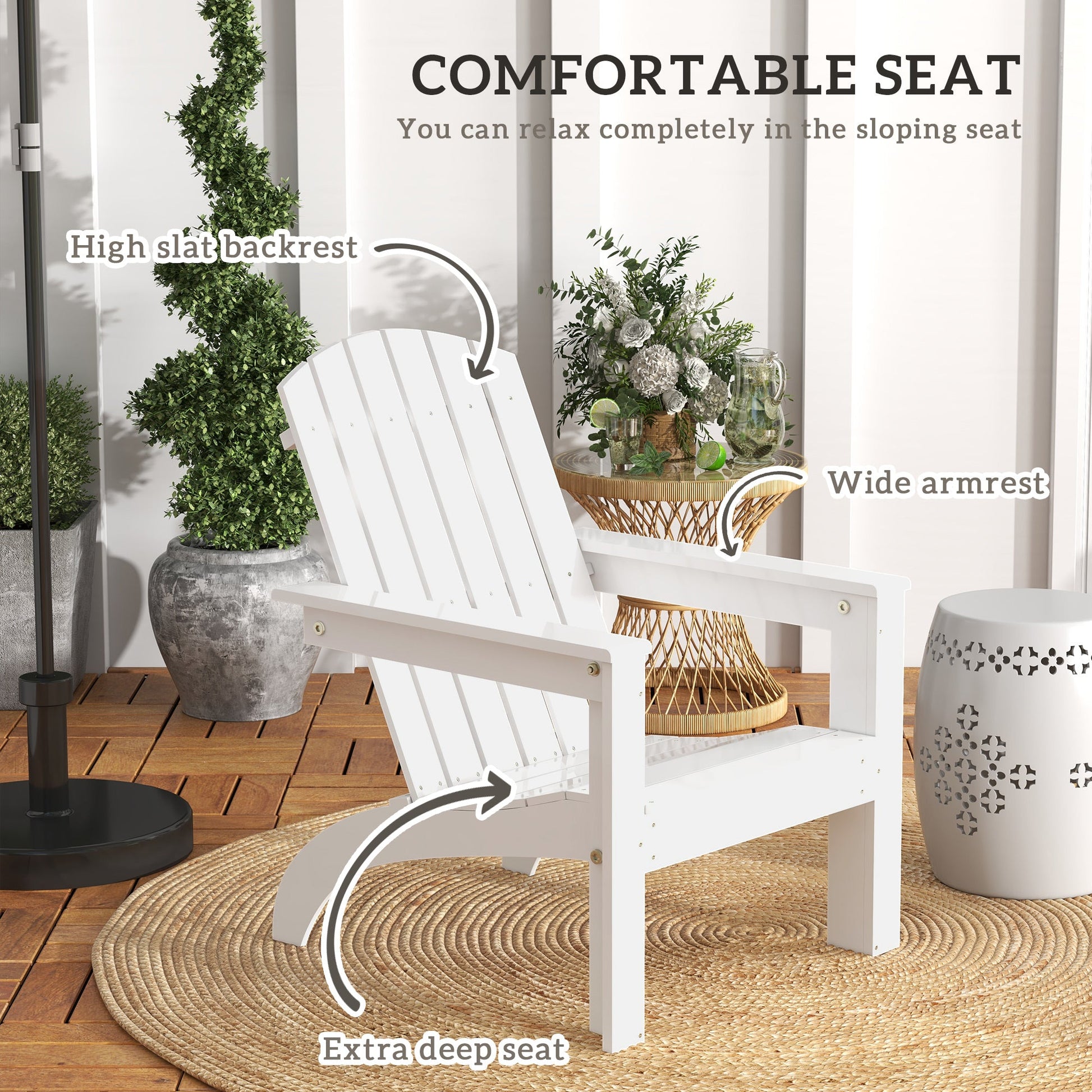 Adirondack Chair Patio Muskoka Chair, Outdoor Poplar Wood Fire Pit Chair, Pre-Assembled Backrest Chaise Adirondack with High-back, Large Seat, for Deck, Garden, White