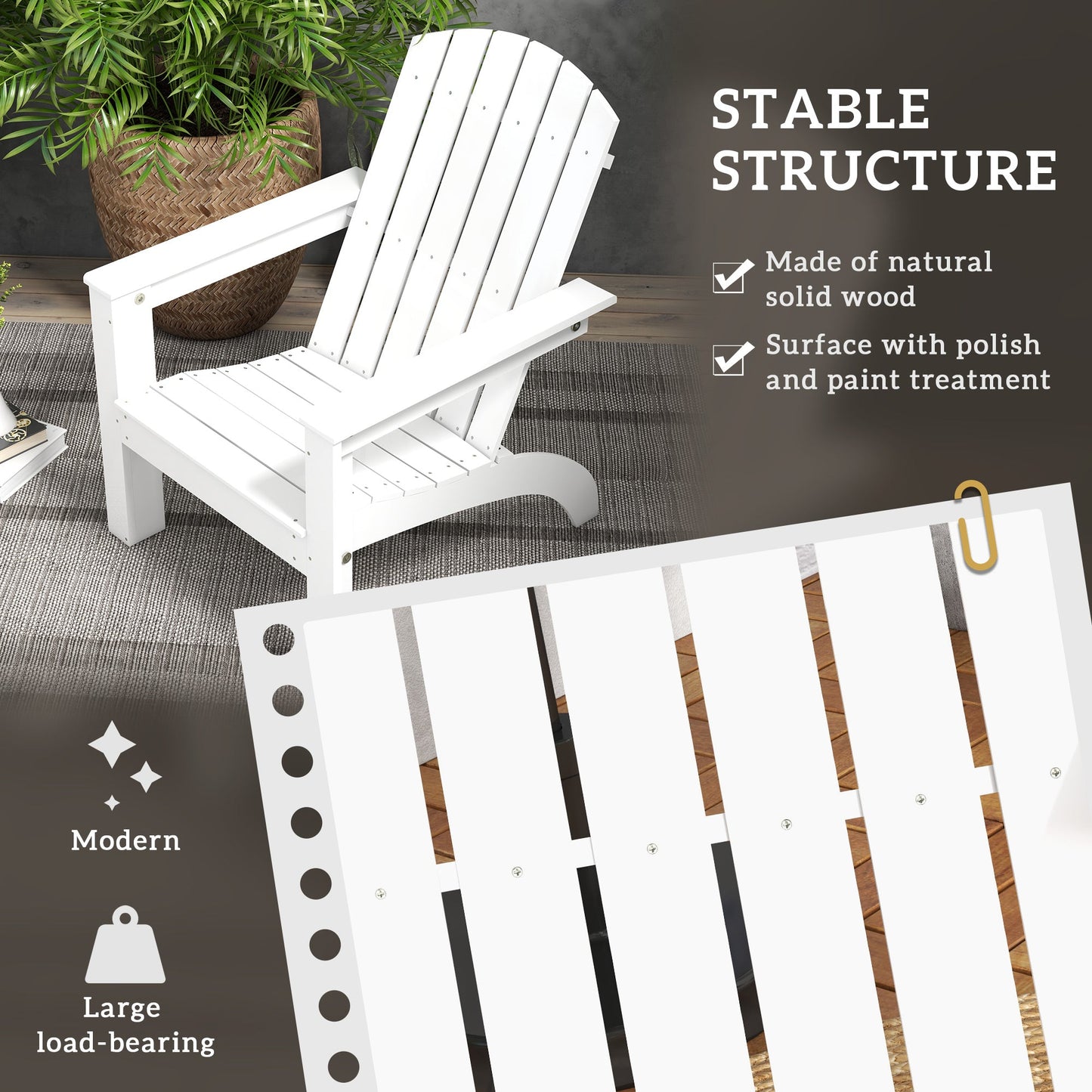 Adirondack Chair Patio Muskoka Chair, Outdoor Poplar Wood Fire Pit Chair, Pre-Assembled Backrest Chaise Adirondack with High-back, Large Seat, for Deck, Garden, White