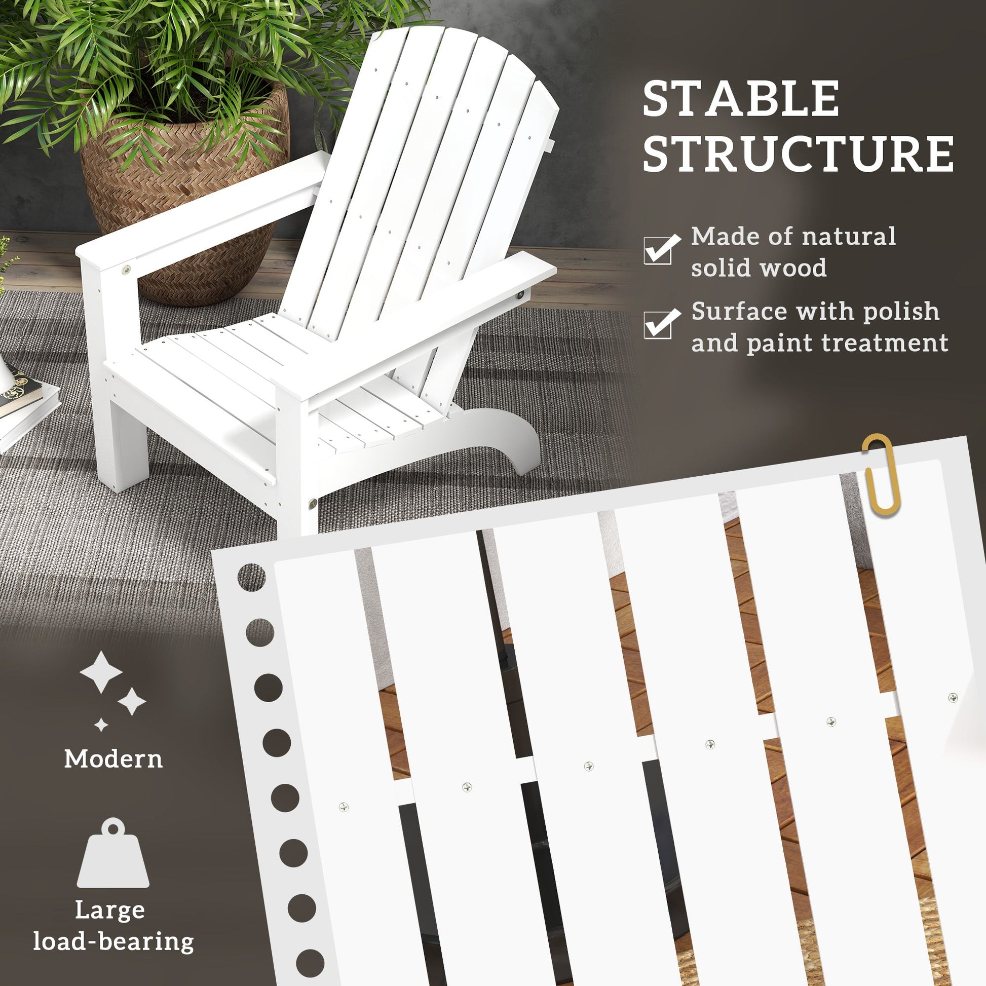 Adirondack Chair Patio Muskoka Chair, Outdoor Poplar Wood Fire Pit Chair, Pre-Assembled Backrest Chaise Adirondack with High-back, Large Seat, for Deck, Garden, White