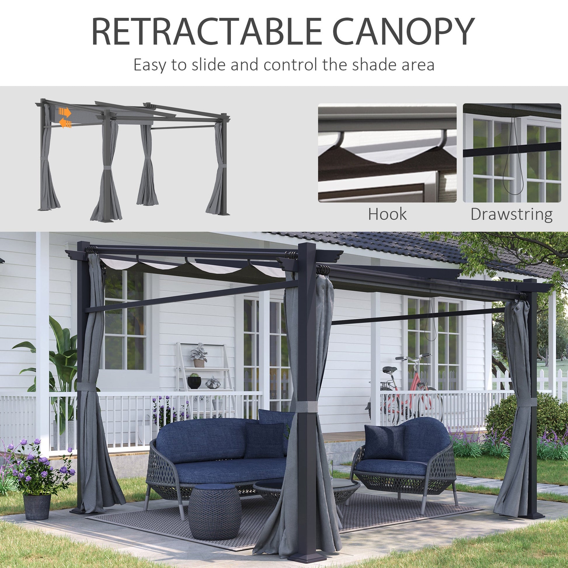 10' x 10' Metal Pergola with Sliding Roof Canopy, Retractable Pergola Canopy for Outdoor, Patio, Dark Grey