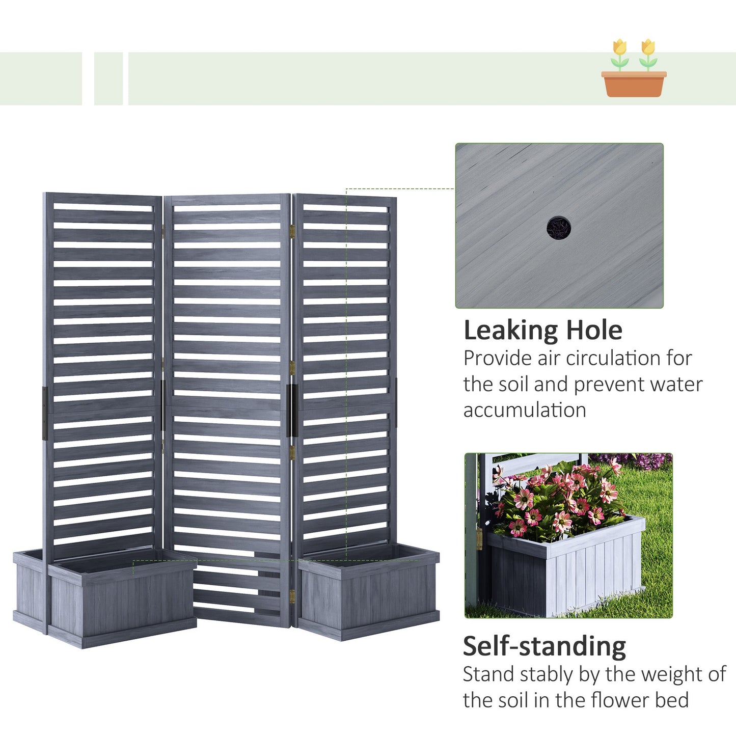 Freestanding Outdoor Privacy Screen, 4 Self-Draining Planters / Raised Garden Beds, 3 Hinged Panels for Hot Tub, Patio, Backyard, Deck, Grey