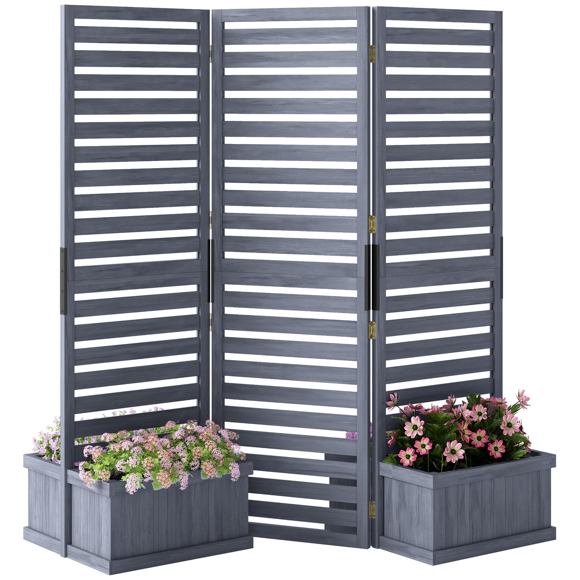 Freestanding Outdoor Privacy Screen, 4 Self-Draining Planters / Raised Garden Beds, 3 Hinged Panels for Hot Tub, Patio, Backyard, Deck, Grey