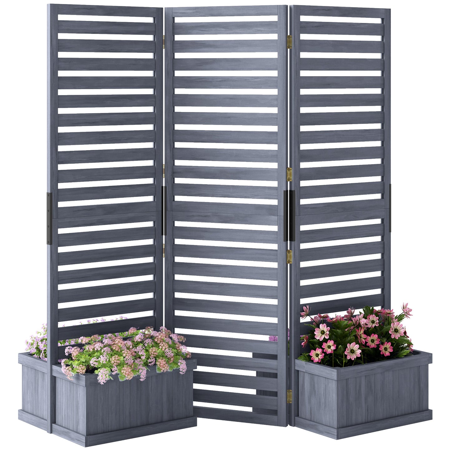 Freestanding Outdoor Privacy Screen, 4 Self-Draining Planters / Raised Garden Beds, 3 Hinged Panels for Hot Tub, Patio, Backyard, Deck, Grey