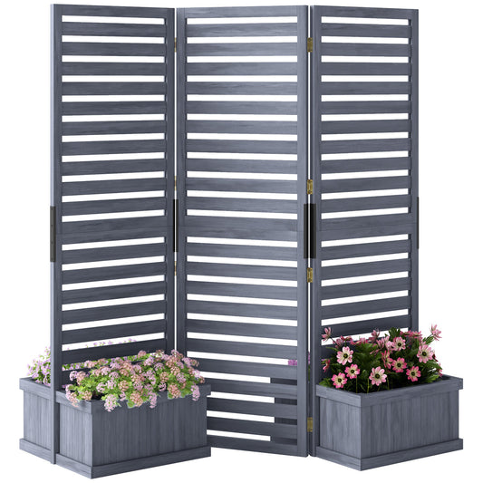 Freestanding Outdoor Privacy Screen, 4 Self-Draining Planters / Raised Garden Beds, 3 Hinged Panels for Hot Tub, Patio, Backyard, Deck, Grey
