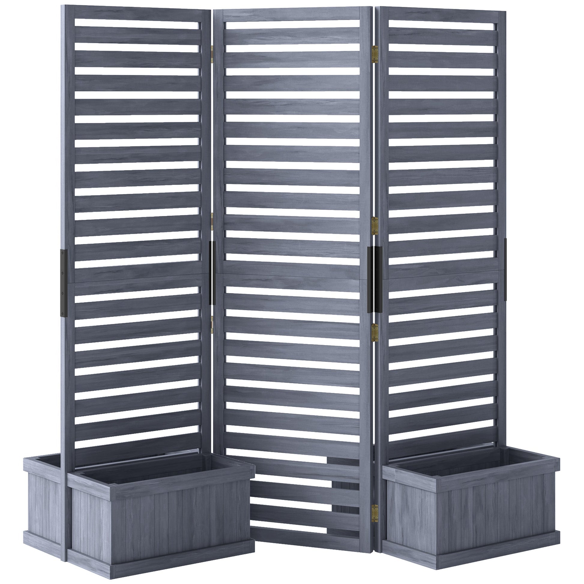 Freestanding Outdoor Privacy Screen, 4 Self-Draining Planters / Raised Garden Beds, 3 Hinged Panels for Hot Tub, Patio, Backyard, Deck, Grey