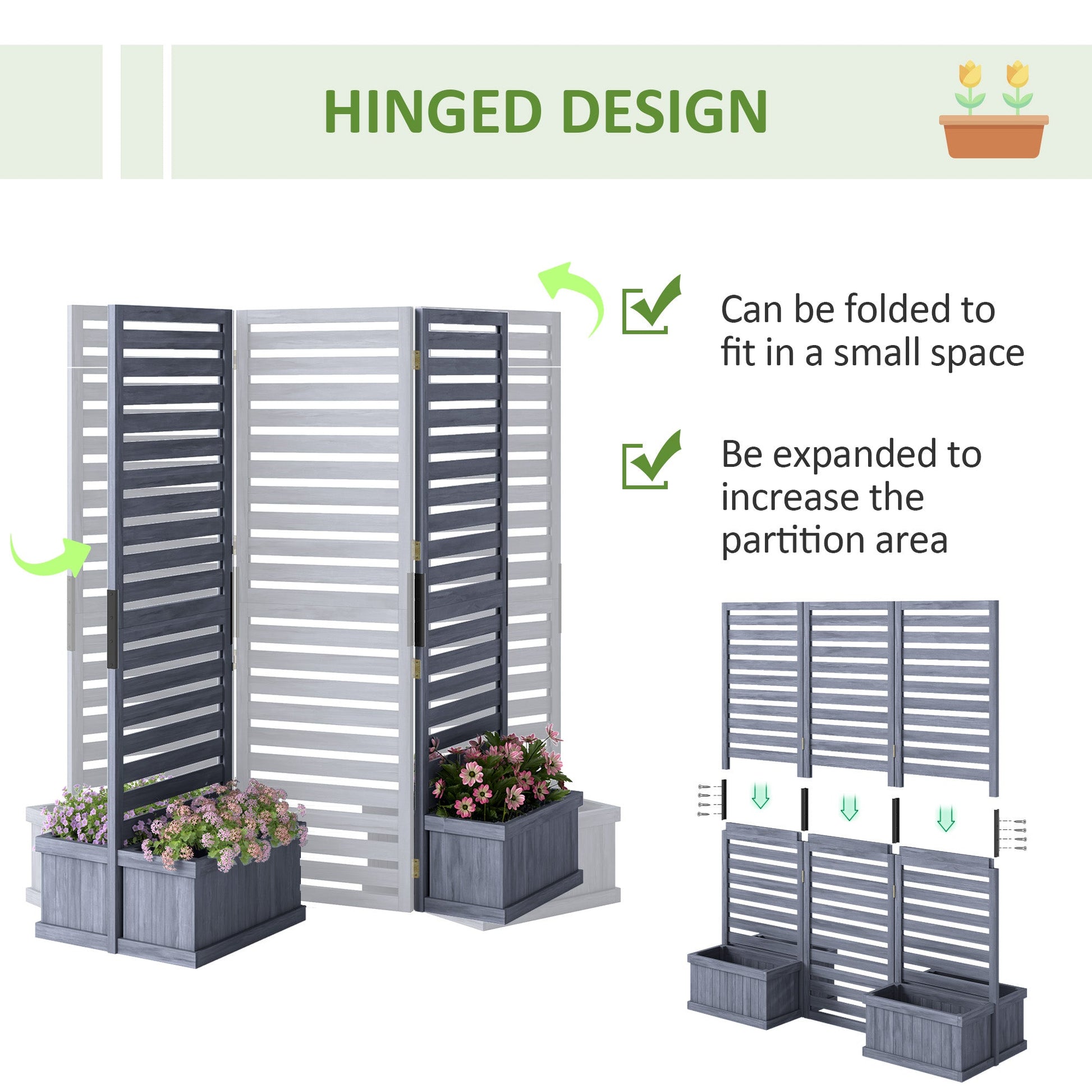 Freestanding Outdoor Privacy Screen, 4 Self-Draining Planters / Raised Garden Beds, 3 Hinged Panels for Hot Tub, Patio, Backyard, Deck, Grey