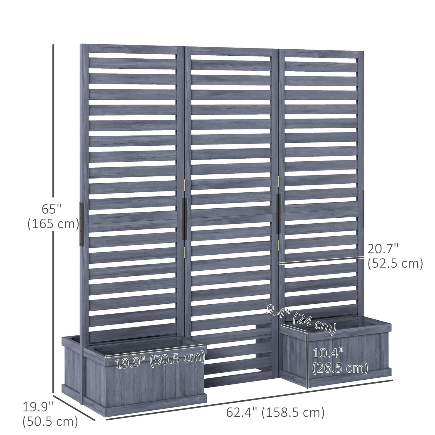 Freestanding Outdoor Privacy Screen, 4 Self-Draining Planters / Raised Garden Beds, 3 Hinged Panels for Hot Tub, Patio, Backyard, Deck, Grey
