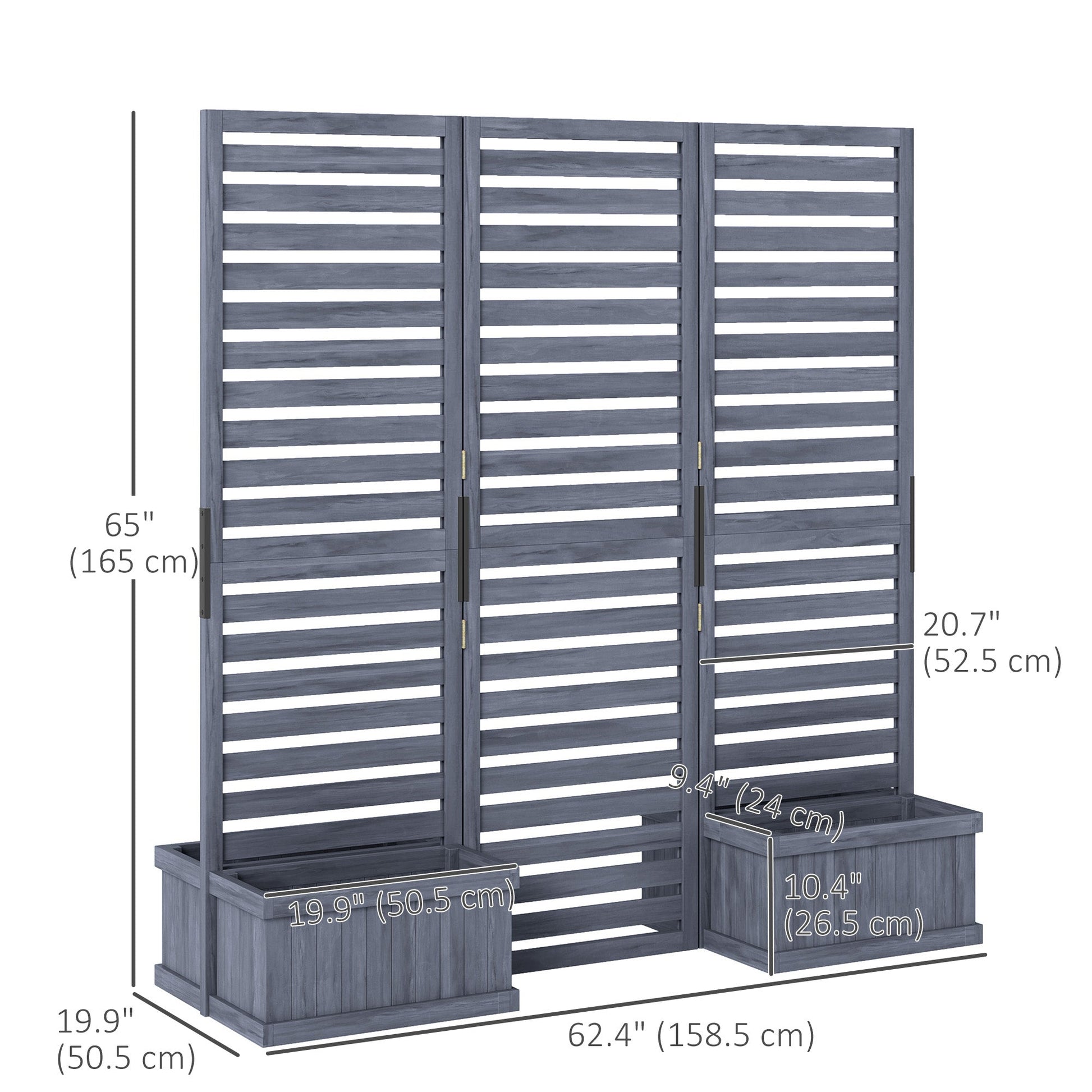 Freestanding Outdoor Privacy Screen, 4 Self-Draining Planters / Raised Garden Beds, 3 Hinged Panels for Hot Tub, Patio, Backyard, Deck, Grey