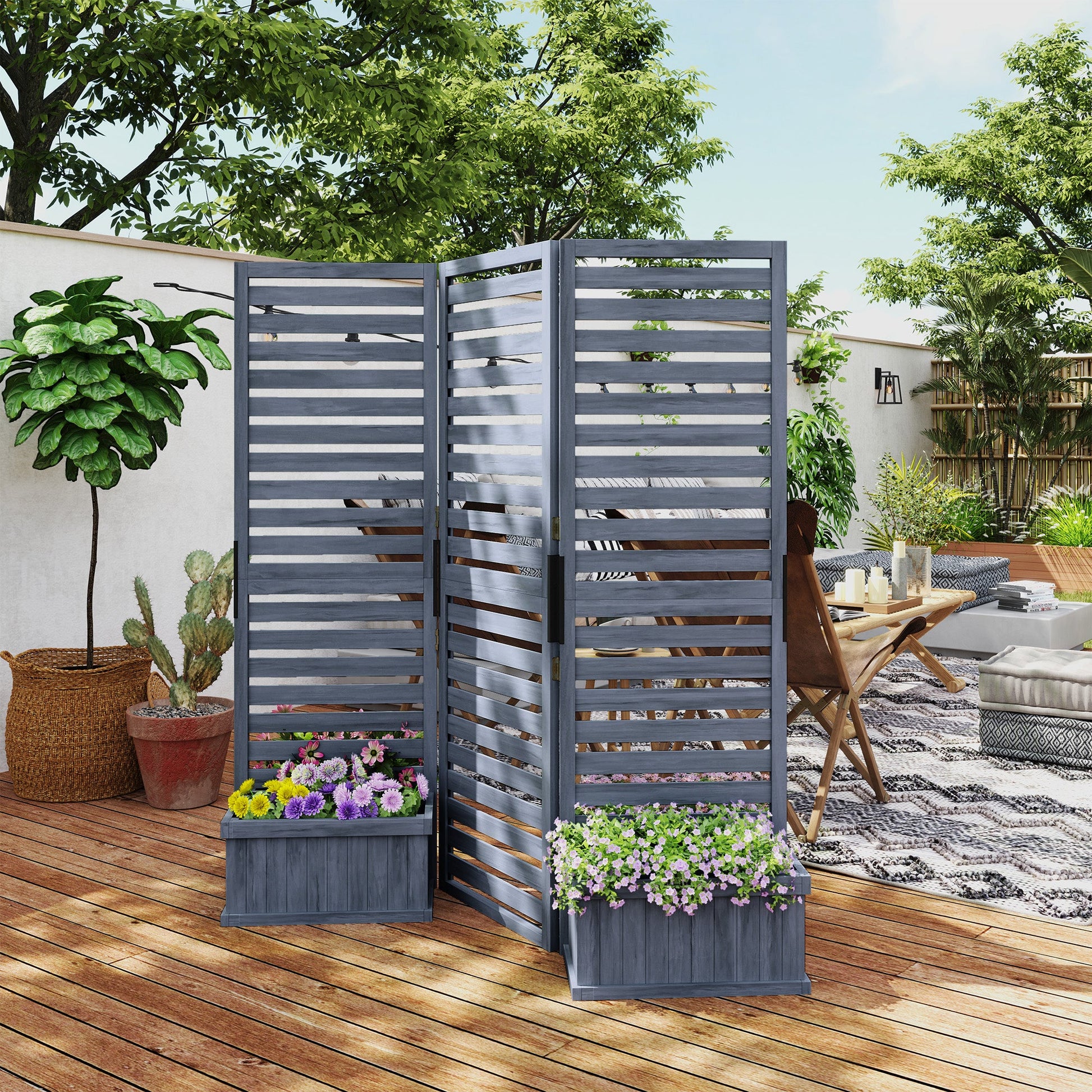 Freestanding Outdoor Privacy Screen, 4 Self-Draining Planters / Raised Garden Beds, 3 Hinged Panels for Hot Tub, Patio, Backyard, Deck, Grey