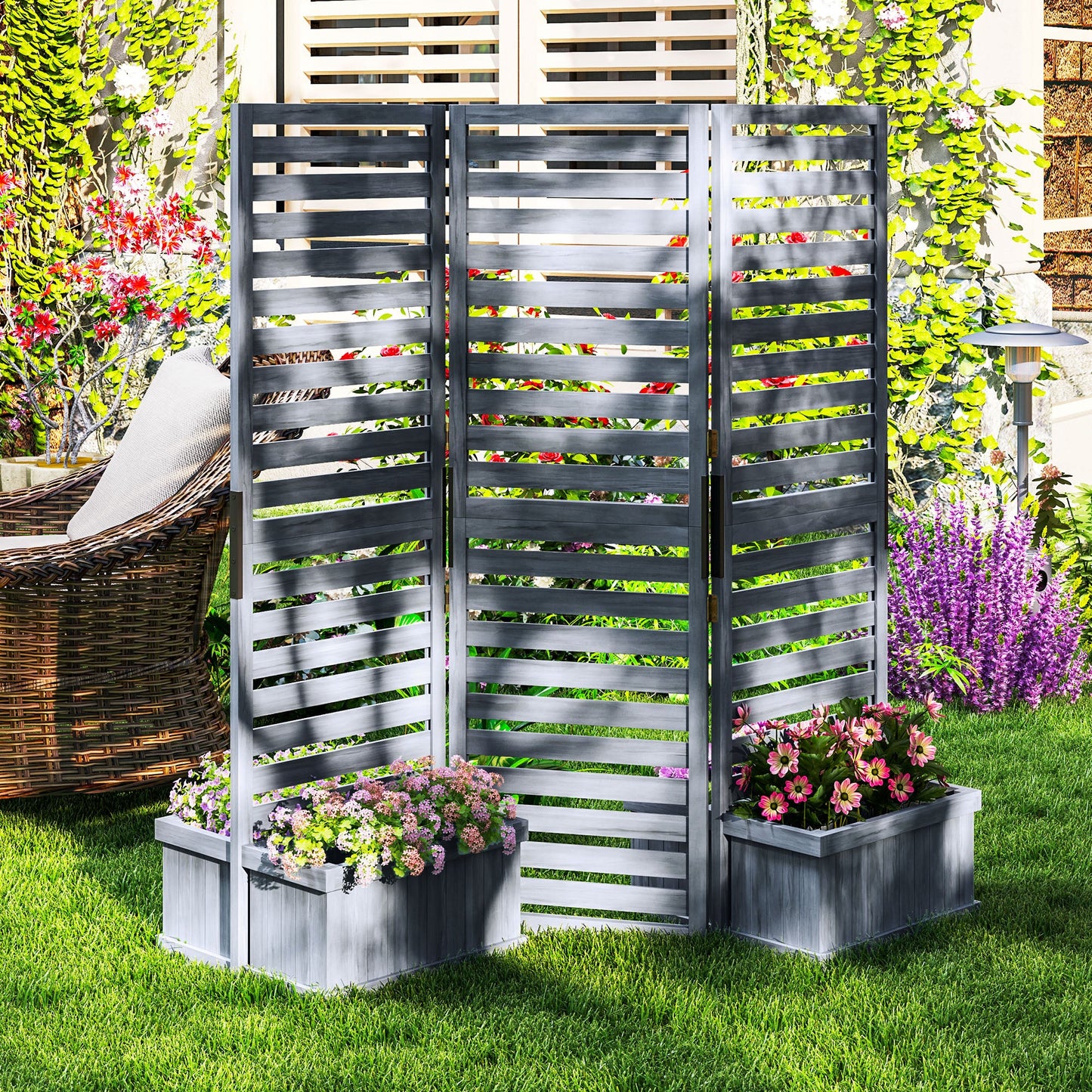 Freestanding Outdoor Privacy Screen, 4 Self-Draining Planters / Raised Garden Beds, 3 Hinged Panels for Hot Tub, Patio, Backyard, Deck, Grey