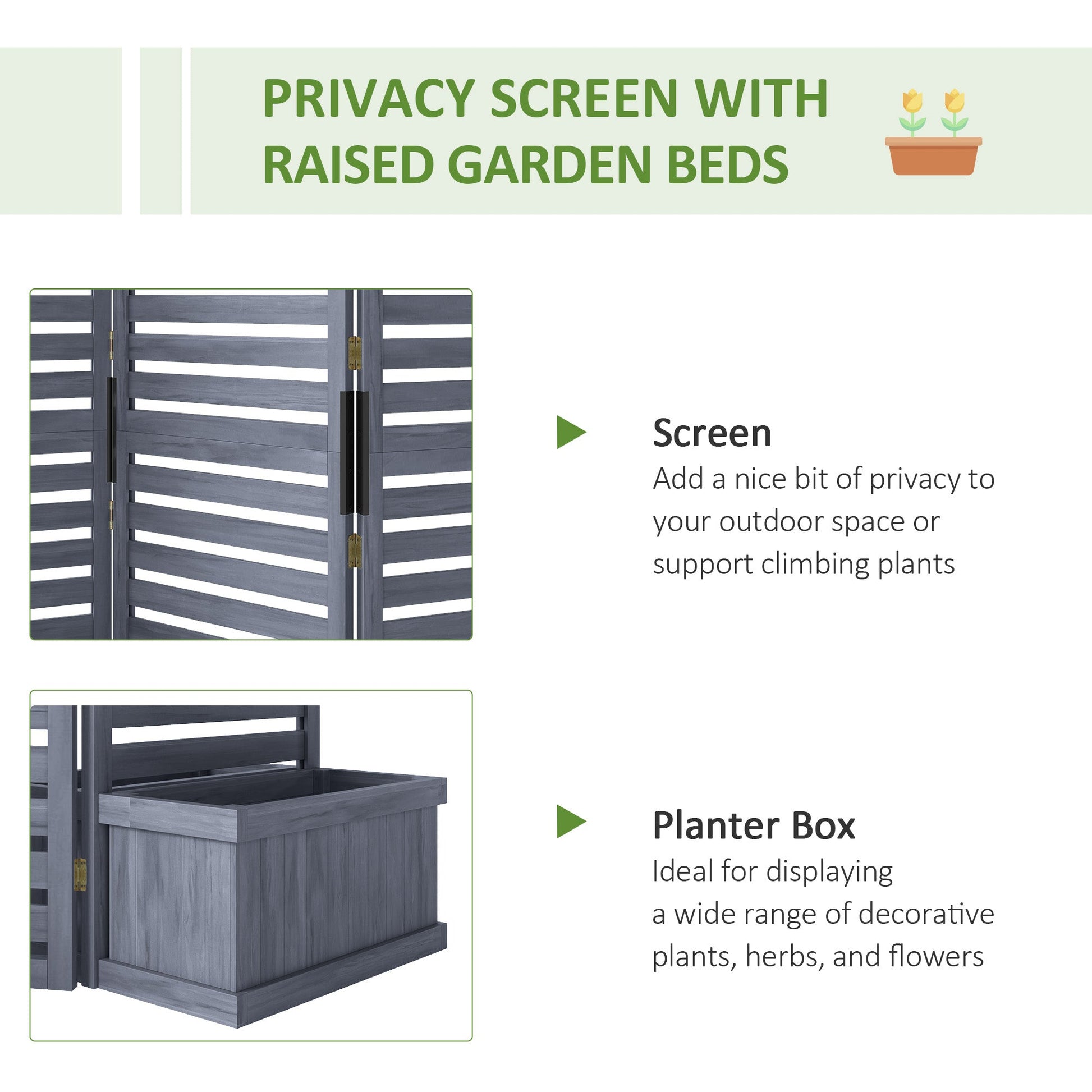 Freestanding Outdoor Privacy Screen, 4 Self-Draining Planters / Raised Garden Beds, 3 Hinged Panels for Hot Tub, Patio, Backyard, Deck, Grey