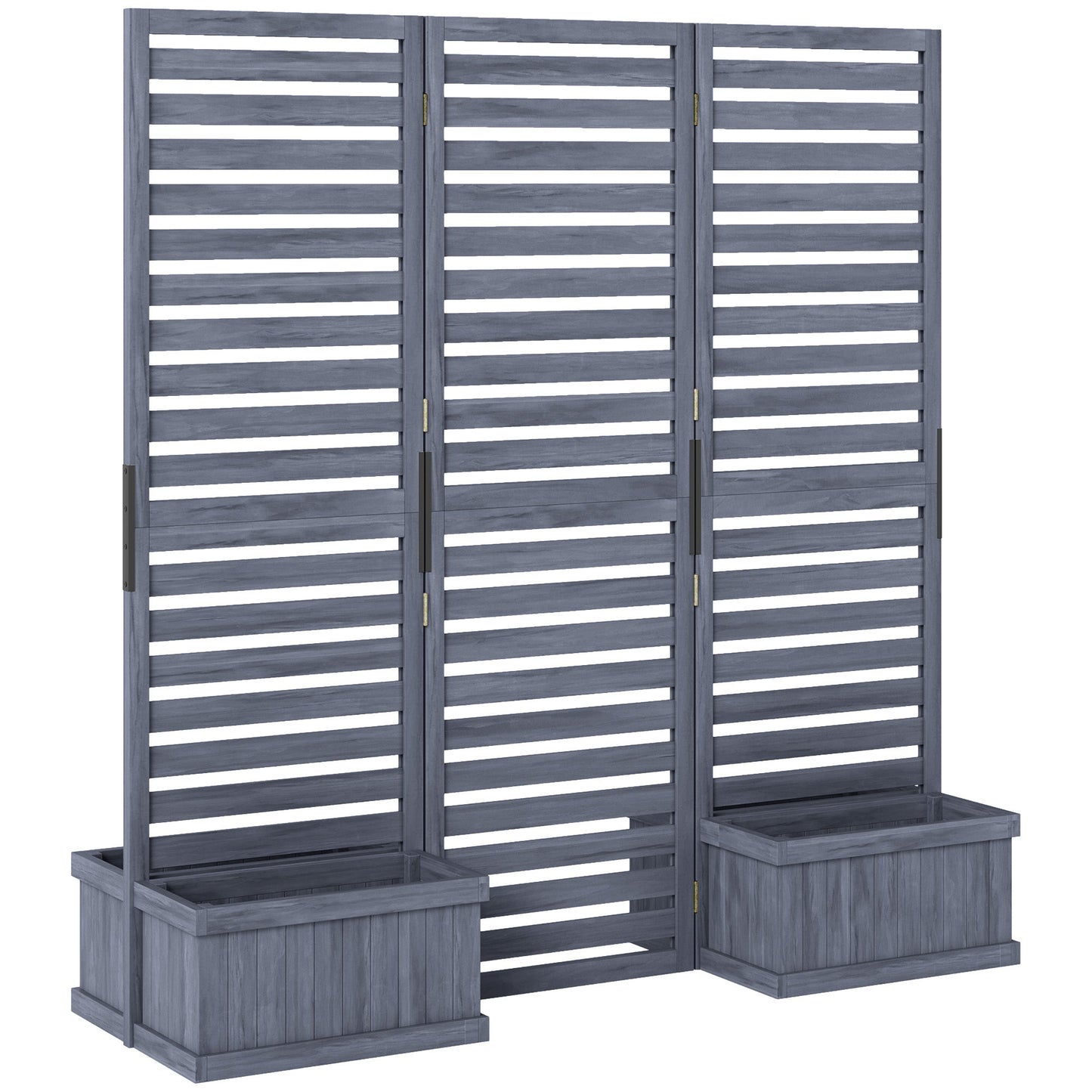 Freestanding Outdoor Privacy Screen, 4 Self-Draining Planters / Raised Garden Beds, 3 Hinged Panels for Hot Tub, Patio, Backyard, Deck, Grey