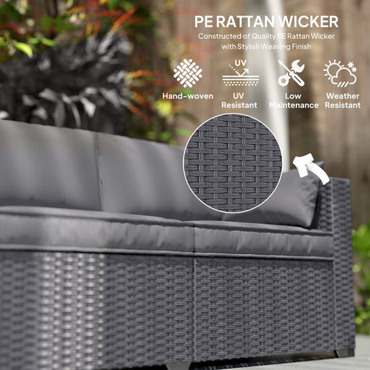 3 Seater Wicker Outdoor Sofa with Side Tray Tables, Poly Rattan Patio Sofa Couch with 6" Thick Back Cushions, Outdoor Couch with Deep Seat, Pillows for Garden, Grey