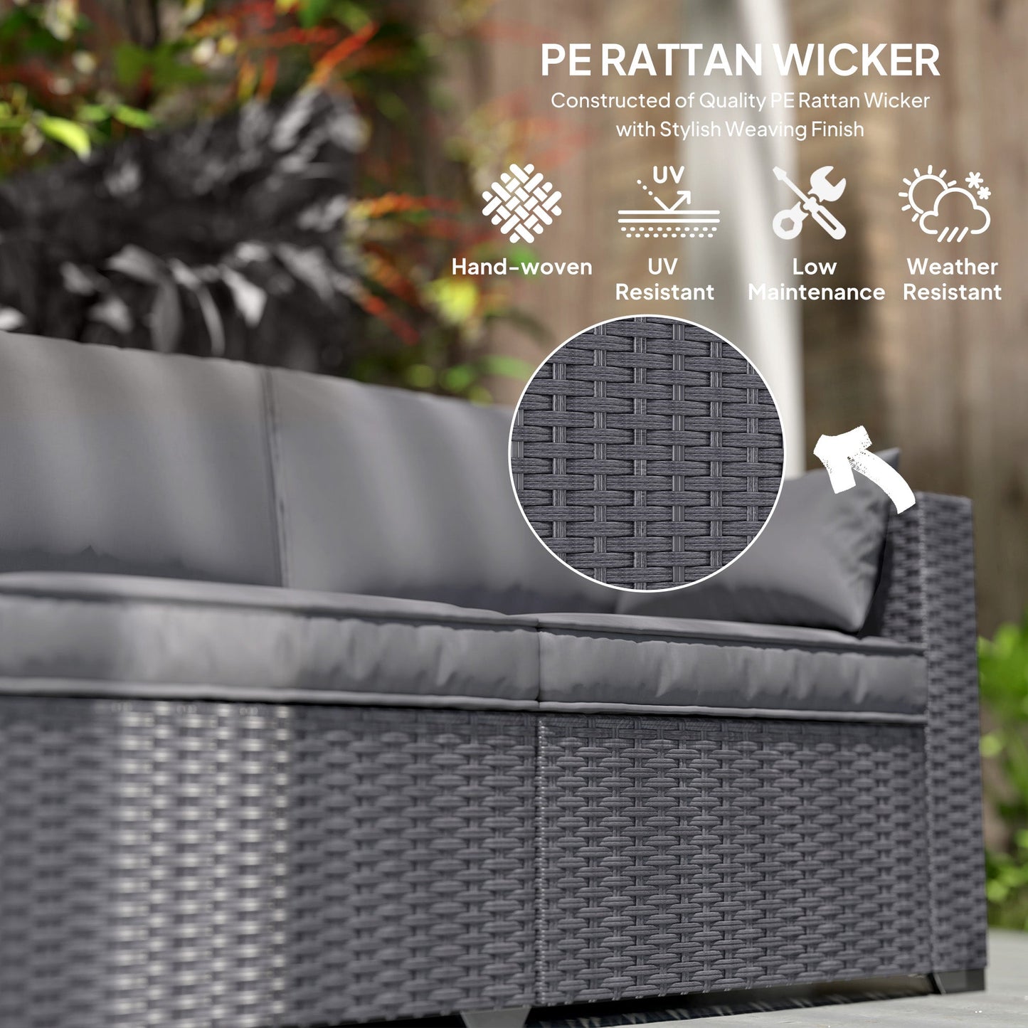 3 Seater Wicker Outdoor Sofa with Side Tray Tables, Poly Rattan Patio Sofa Couch with 6" Thick Back Cushions, Outdoor Couch with Deep Seat, Pillows for Garden, Grey