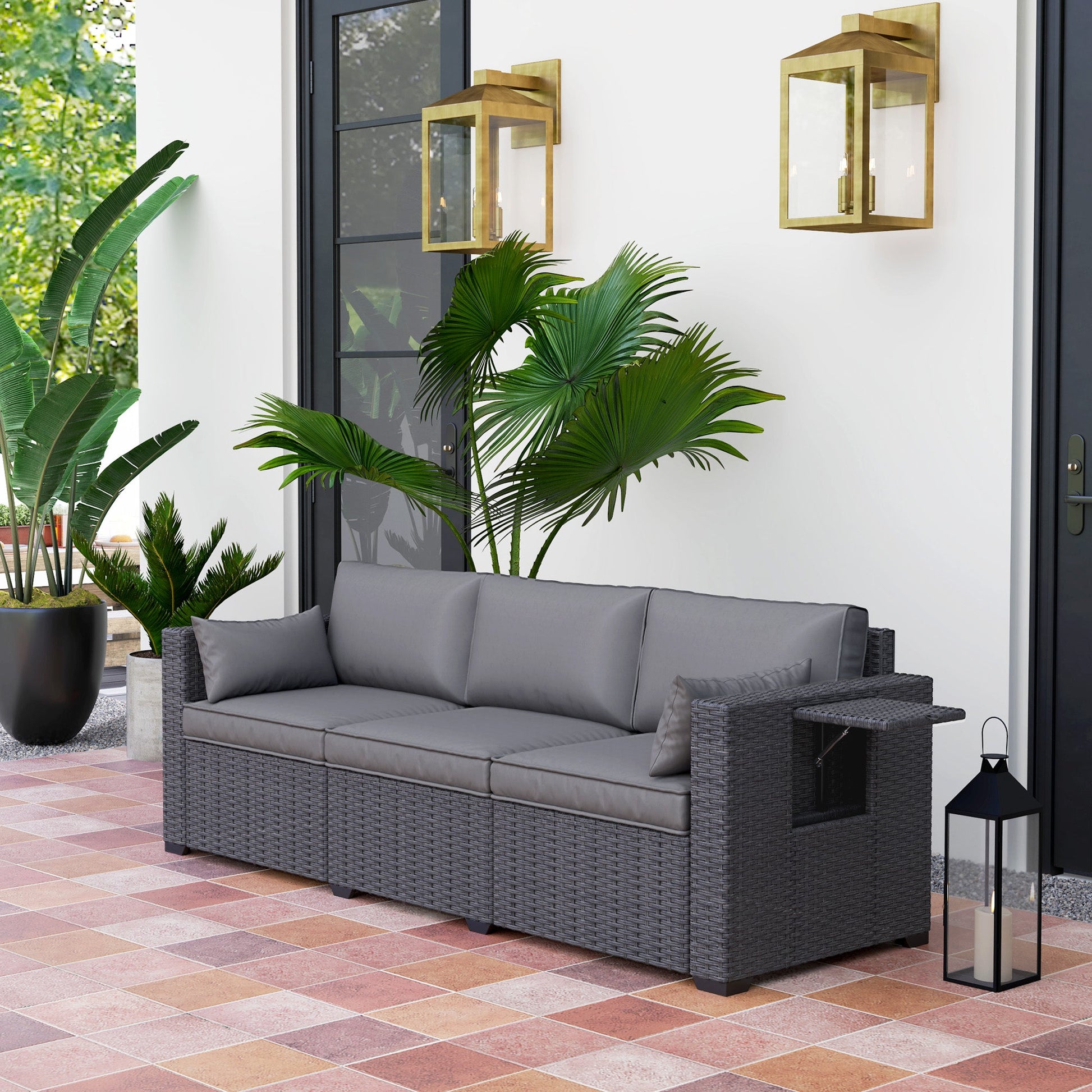 3 Seater Wicker Outdoor Sofa with Side Tray Tables, Poly Rattan Patio Sofa Couch with 6" Thick Back Cushions, Outdoor Couch with Deep Seat, Pillows for Garden, Grey