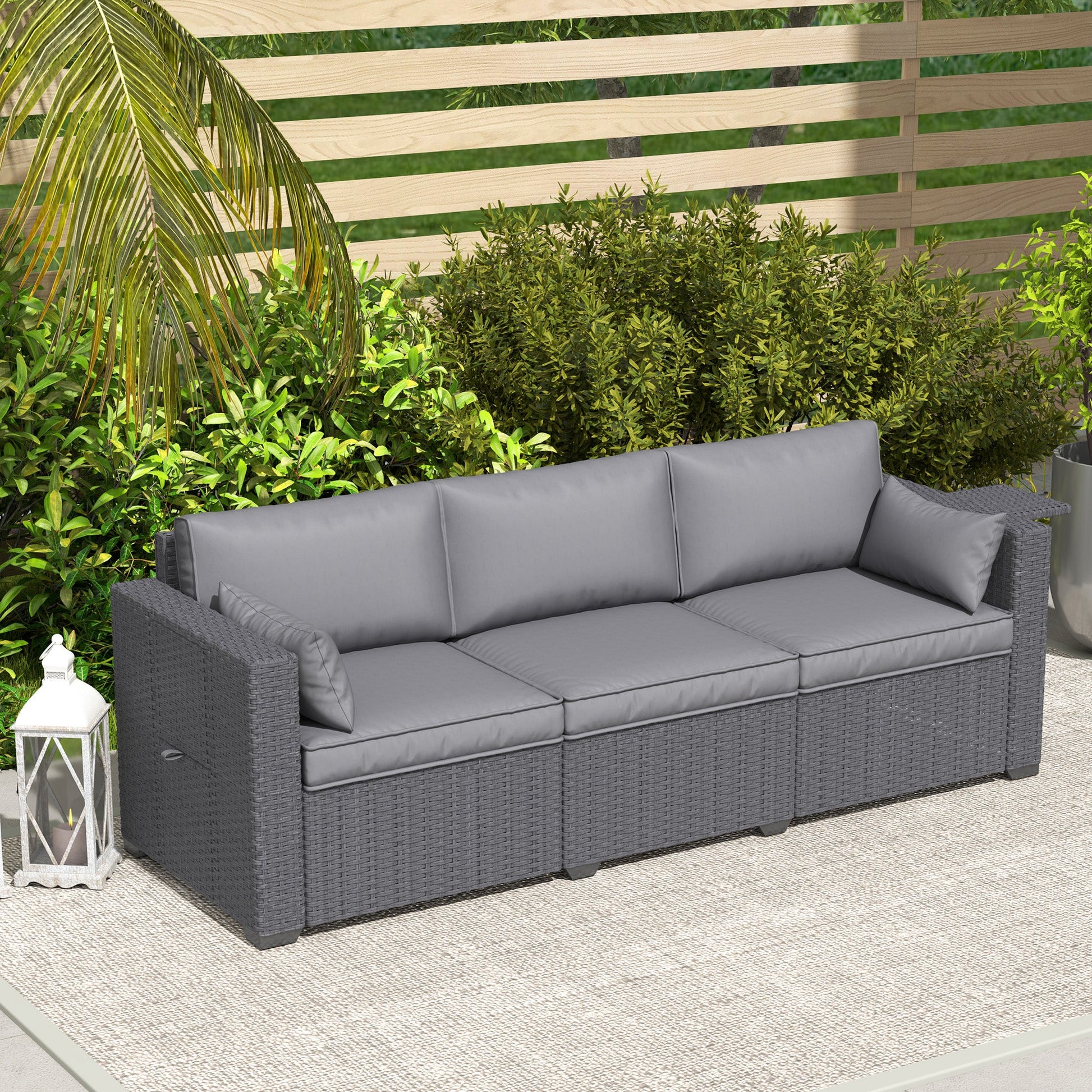 3 Seater Wicker Outdoor Sofa with Side Tray Tables, Poly Rattan Patio Sofa Couch with 6" Thick Back Cushions, Outdoor Couch with Deep Seat, Pillows for Garden, Grey