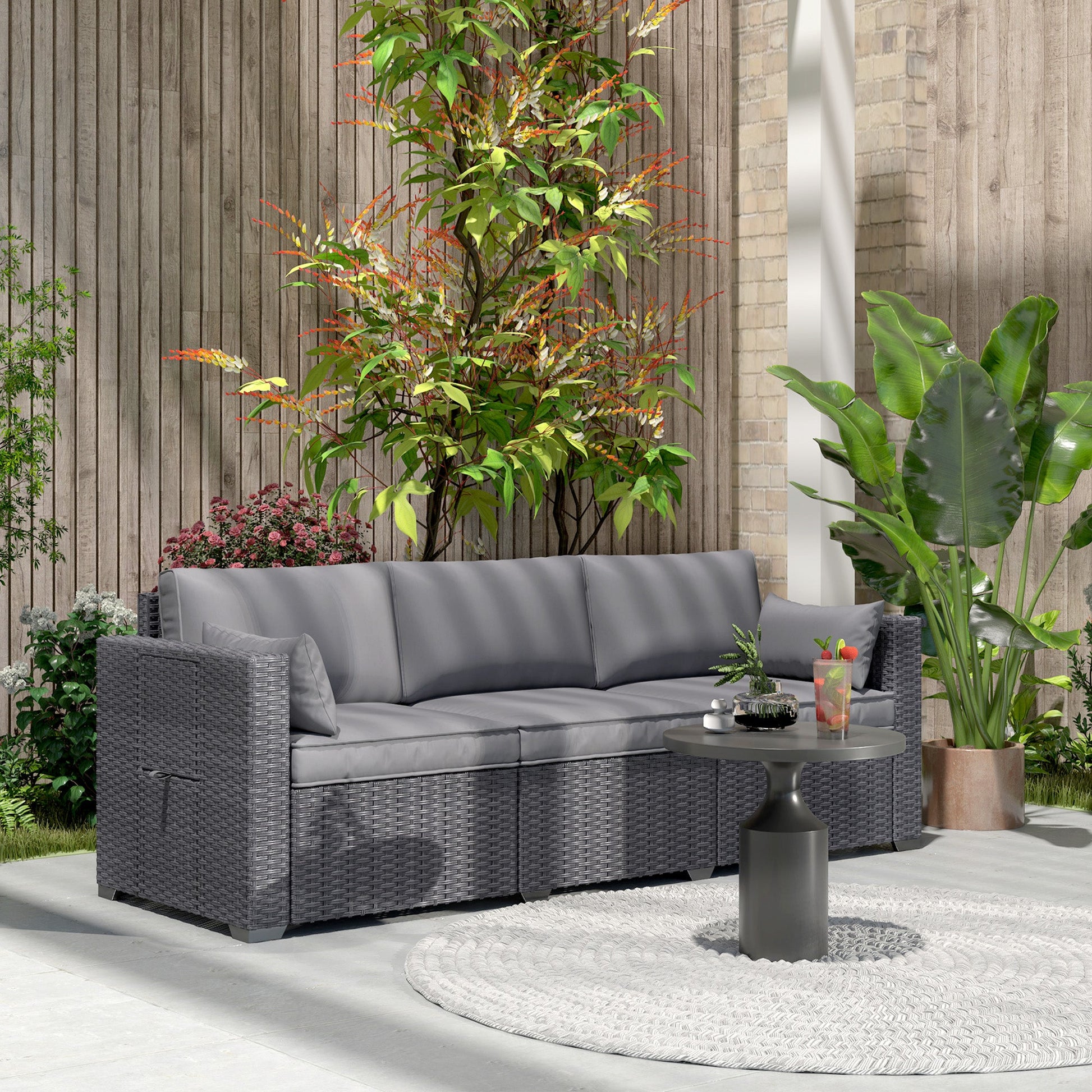 3 Seater Wicker Outdoor Sofa with Side Tray Tables, Poly Rattan Patio Sofa Couch with 6" Thick Back Cushions, Outdoor Couch with Deep Seat, Pillows for Garden, Grey