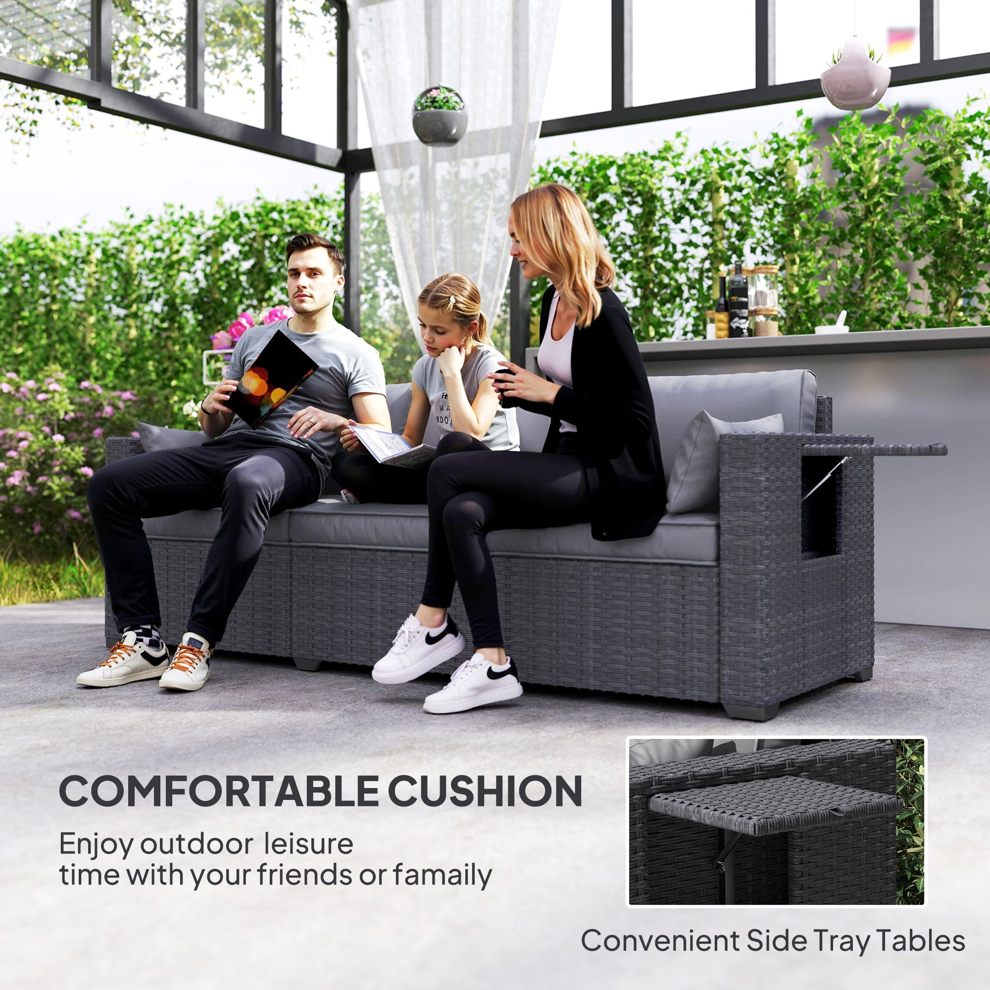 3 Seater Wicker Outdoor Sofa with Side Tray Tables, Poly Rattan Patio Sofa Couch with 6" Thick Back Cushions, Outdoor Couch with Deep Seat, Pillows for Garden, Grey