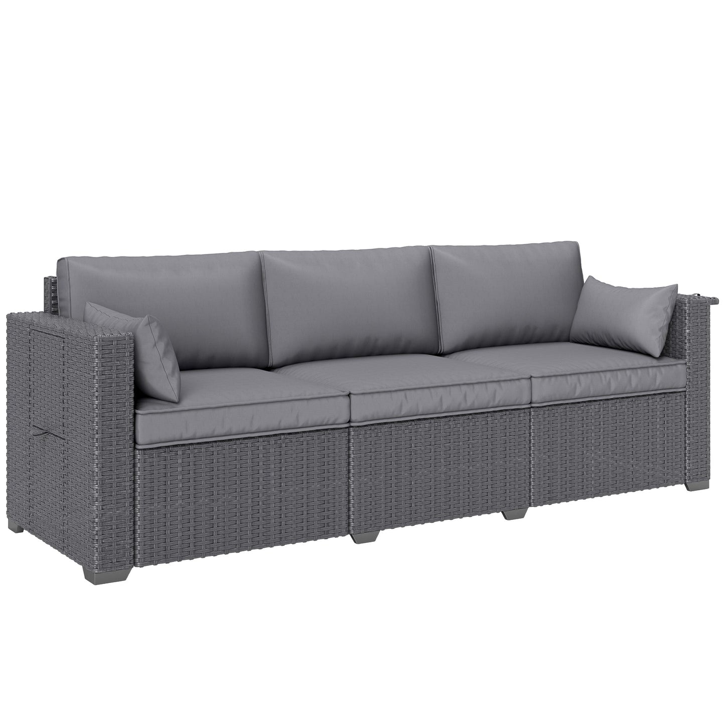 3 Seater Wicker Outdoor Sofa with Side Tray Tables, Poly Rattan Patio Sofa Couch with 6" Thick Back Cushions, Outdoor Couch with Deep Seat, Pillows for Garden, Grey