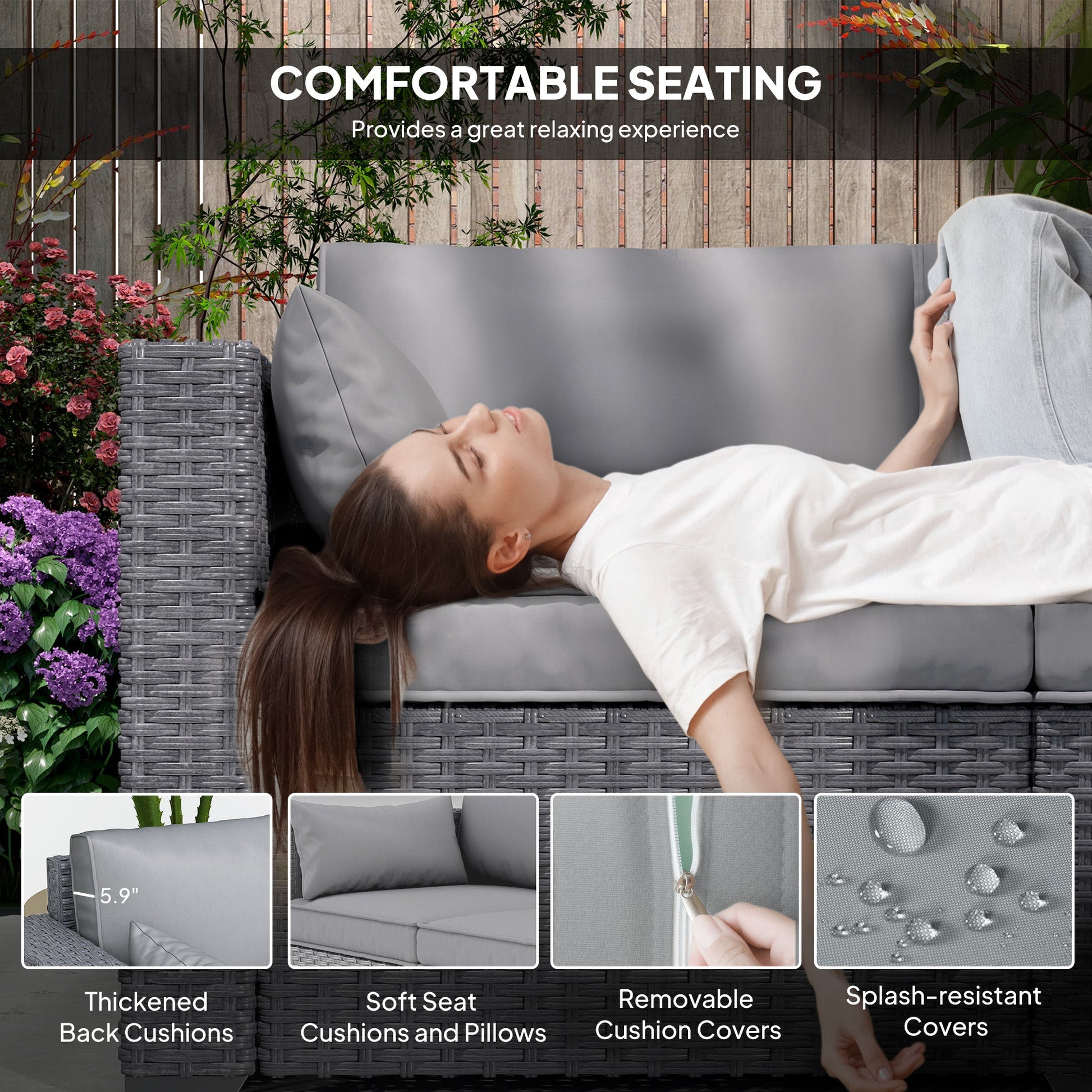 3 Seater Wicker Outdoor Sofa with Side Tray Tables, Poly Rattan Patio Sofa Couch with 6" Thick Back Cushions, Outdoor Couch with Deep Seat, Pillows for Garden, Grey