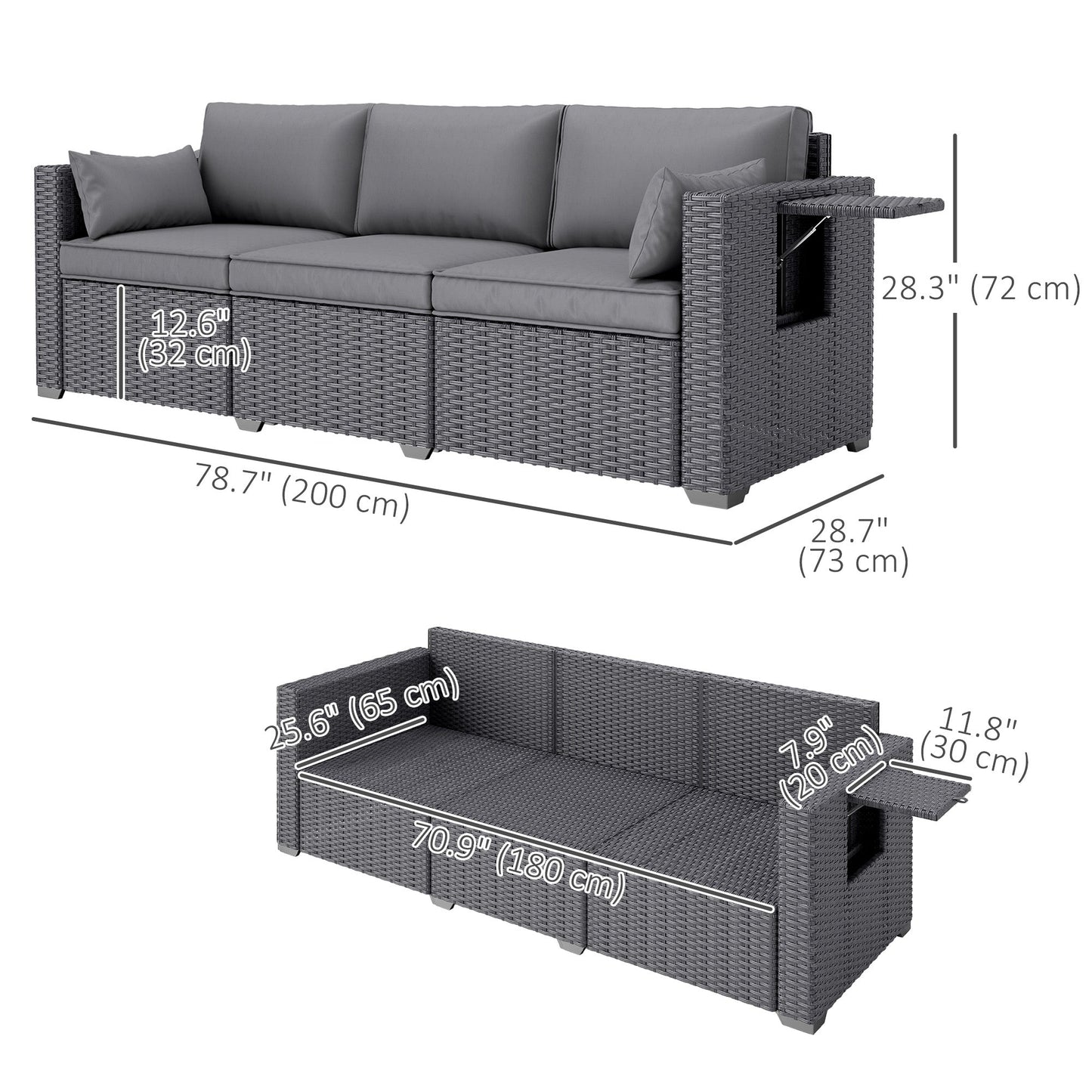 3 Seater Wicker Outdoor Sofa with Side Tray Tables, Poly Rattan Patio Sofa Couch with 6" Thick Back Cushions, Outdoor Couch with Deep Seat, Pillows for Garden, Grey