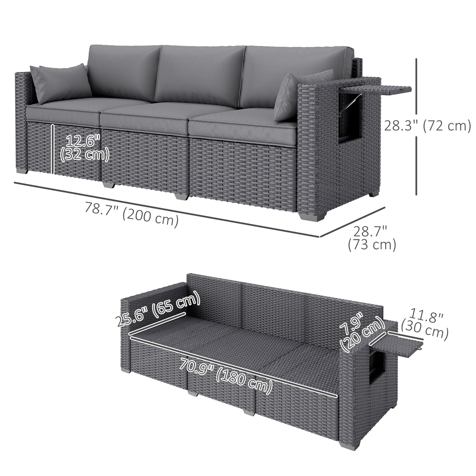 3 Seater Wicker Outdoor Sofa with Side Tray Tables, Poly Rattan Patio Sofa Couch with 6" Thick Back Cushions, Outdoor Couch with Deep Seat, Pillows for Garden, Grey