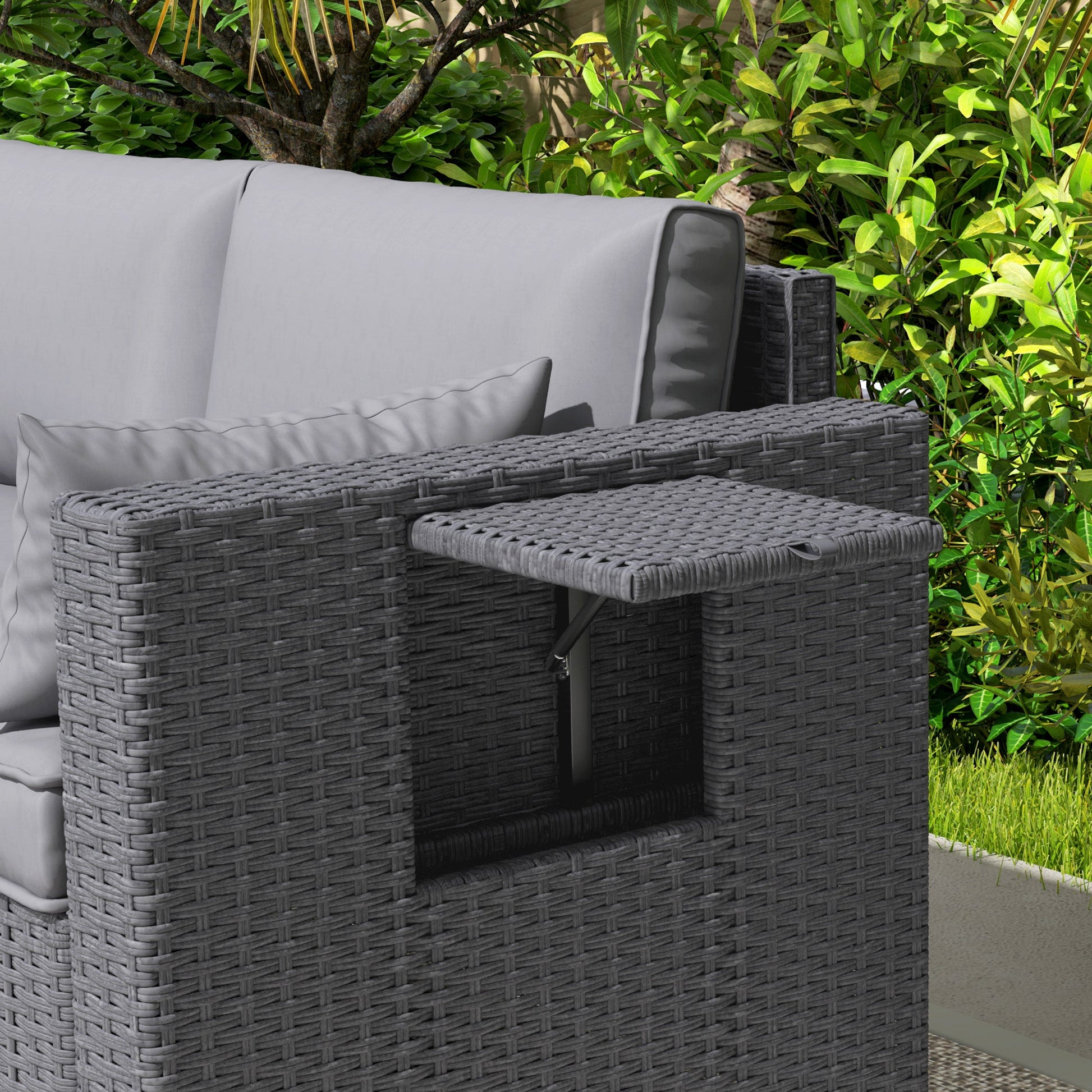 3 Seater Wicker Outdoor Sofa with Side Tray Tables, Poly Rattan Patio Sofa Couch with 6" Thick Back Cushions, Outdoor Couch with Deep Seat, Pillows for Garden, Grey