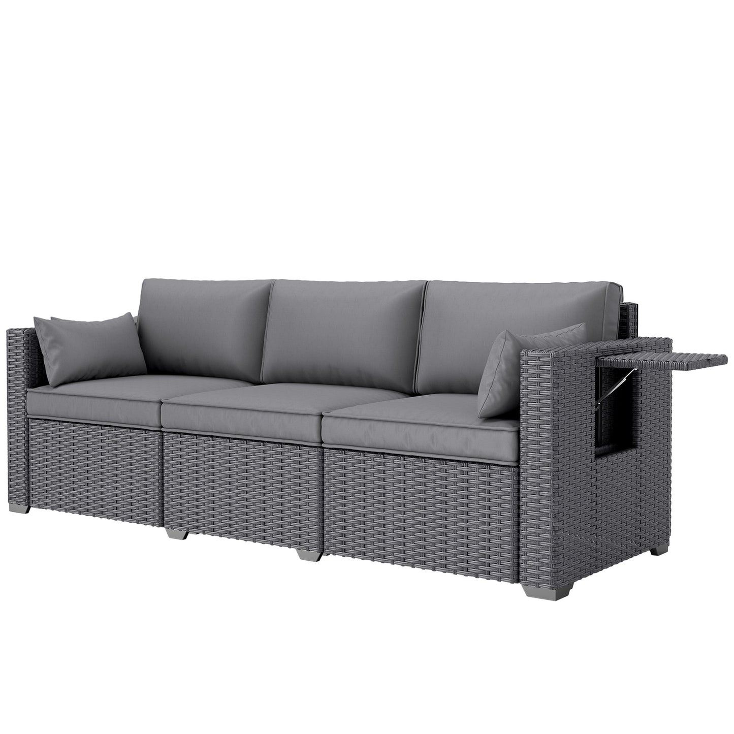 3 Seater Wicker Outdoor Sofa with Side Tray Tables, Poly Rattan Patio Sofa Couch with 6" Thick Back Cushions, Outdoor Couch with Deep Seat, Pillows for Garden, Grey