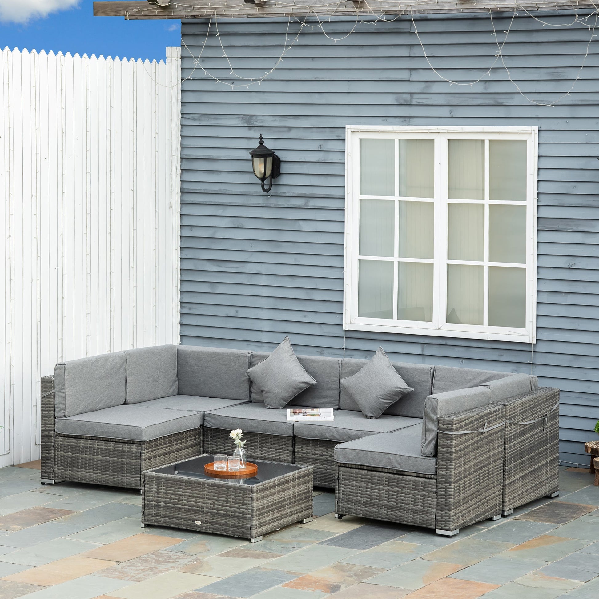 7 Piece Patio Furniture Set, PE Rattan Outdoor Conversation Set with Sectional Sofa, Glass Tabletop, Cushions and Pillows for Garden, Lawn, Deck, Mixed Grey and Grey
