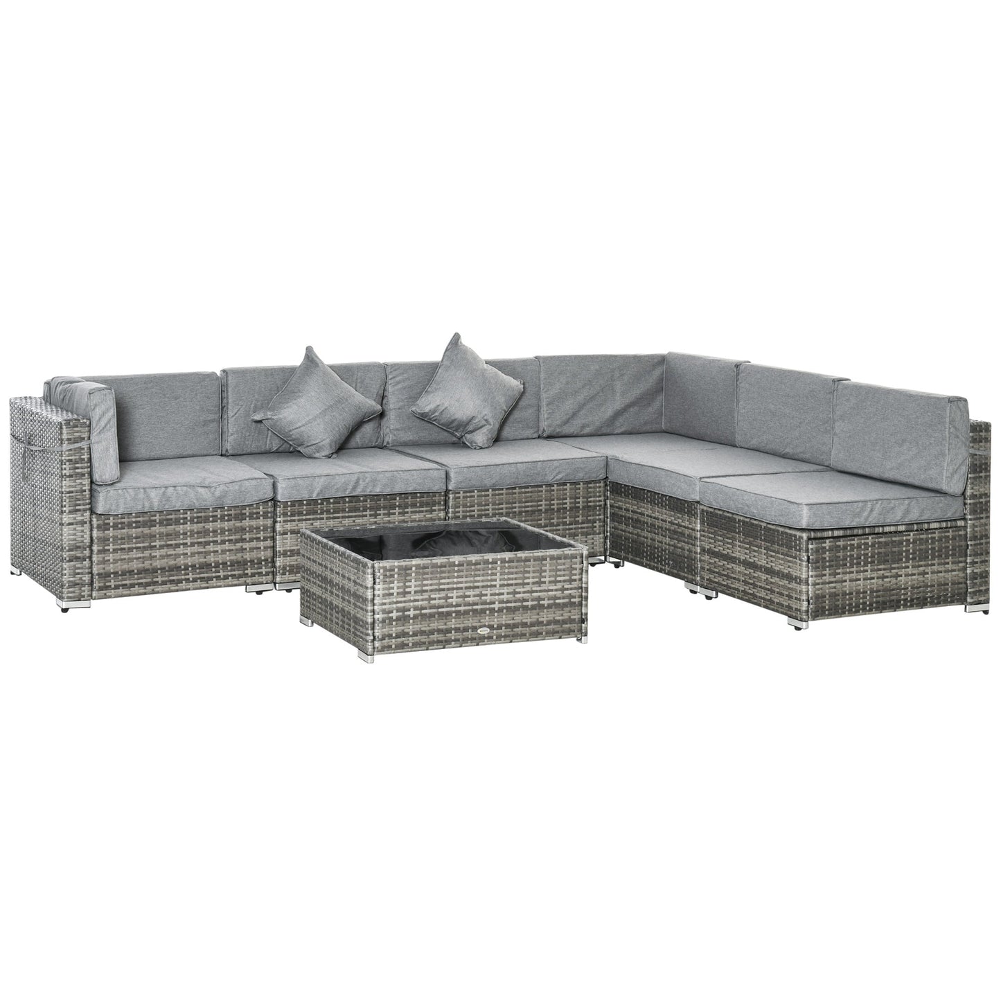 7 Piece Patio Furniture Set, PE Rattan Outdoor Conversation Set with Sectional Sofa, Glass Tabletop, Cushions and Pillows for Garden, Lawn, Deck, Mixed Grey and Grey