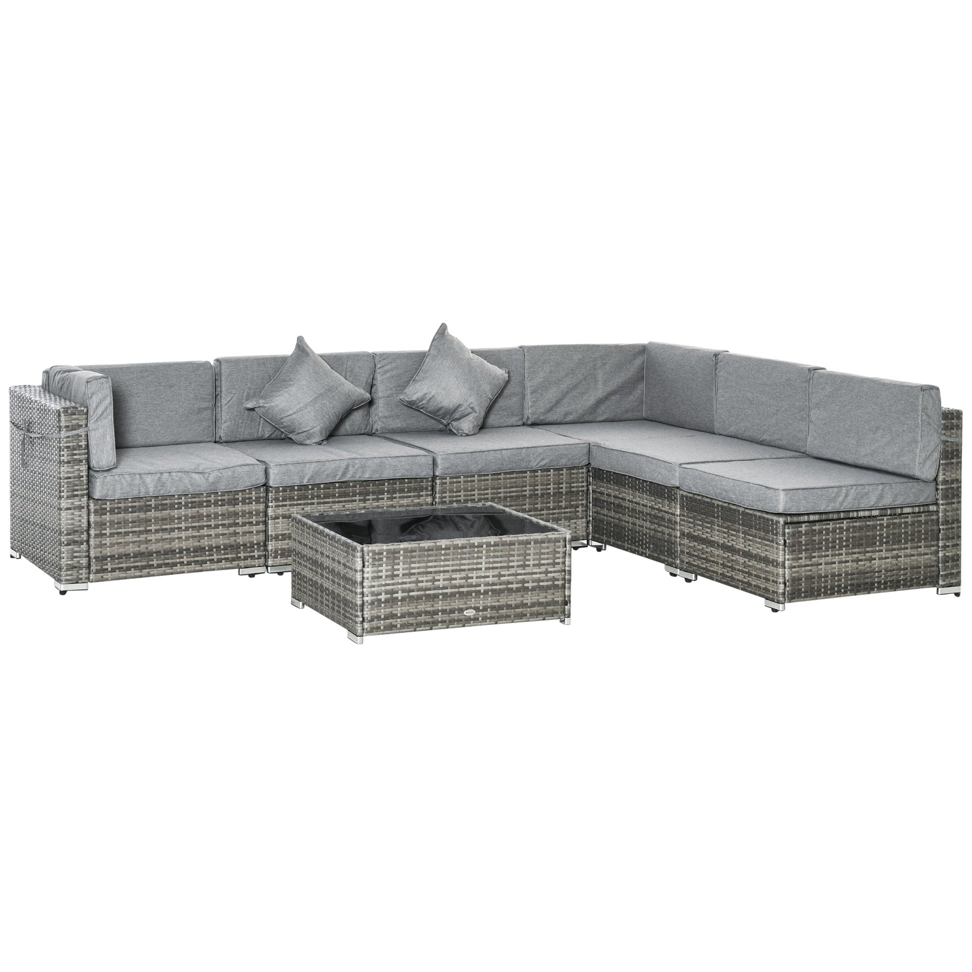 7 Piece Patio Furniture Set, PE Rattan Outdoor Conversation Set with Sectional Sofa, Glass Tabletop, Cushions and Pillows for Garden, Lawn, Deck, Mixed Grey and Grey