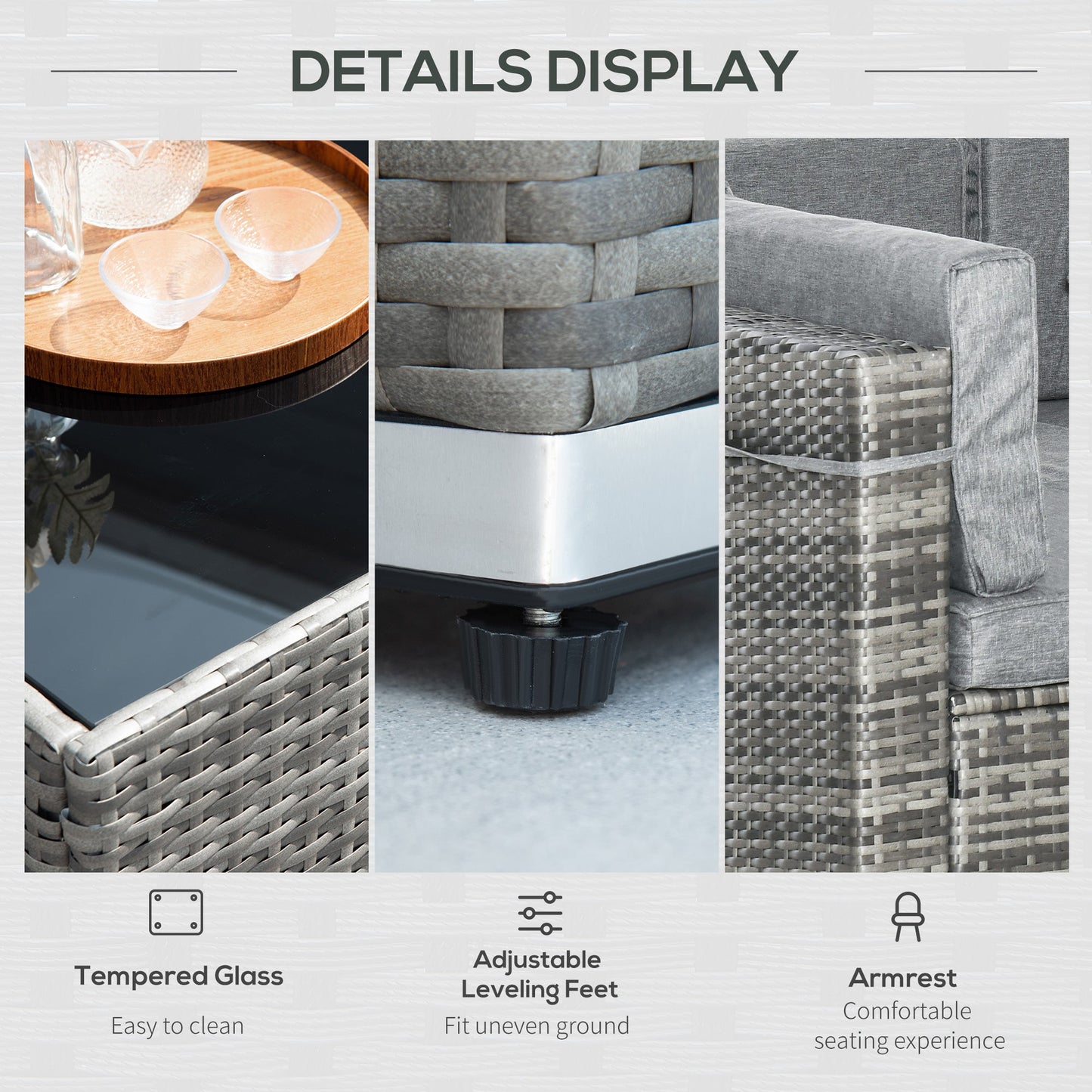 7 Piece Patio Furniture Set, PE Rattan Outdoor Conversation Set with Sectional Sofa, Glass Tabletop, Cushions and Pillows for Garden, Lawn, Deck, Mixed Grey and Grey