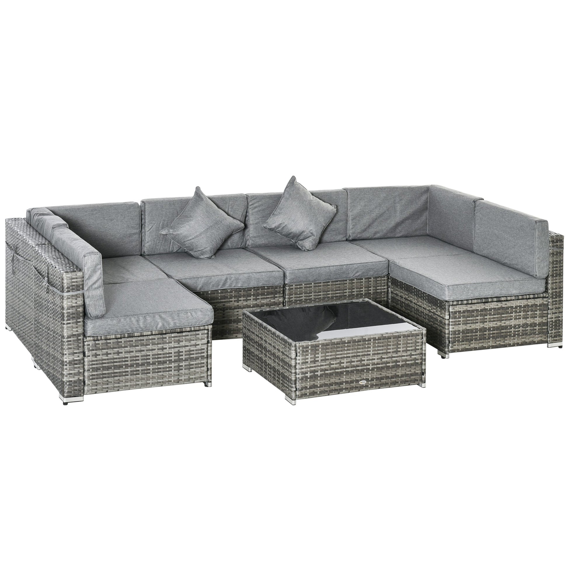 7 Piece Patio Furniture Set, PE Rattan Outdoor Conversation Set with Sectional Sofa, Glass Tabletop, Cushions and Pillows for Garden, Lawn, Deck, Mixed Grey and Grey