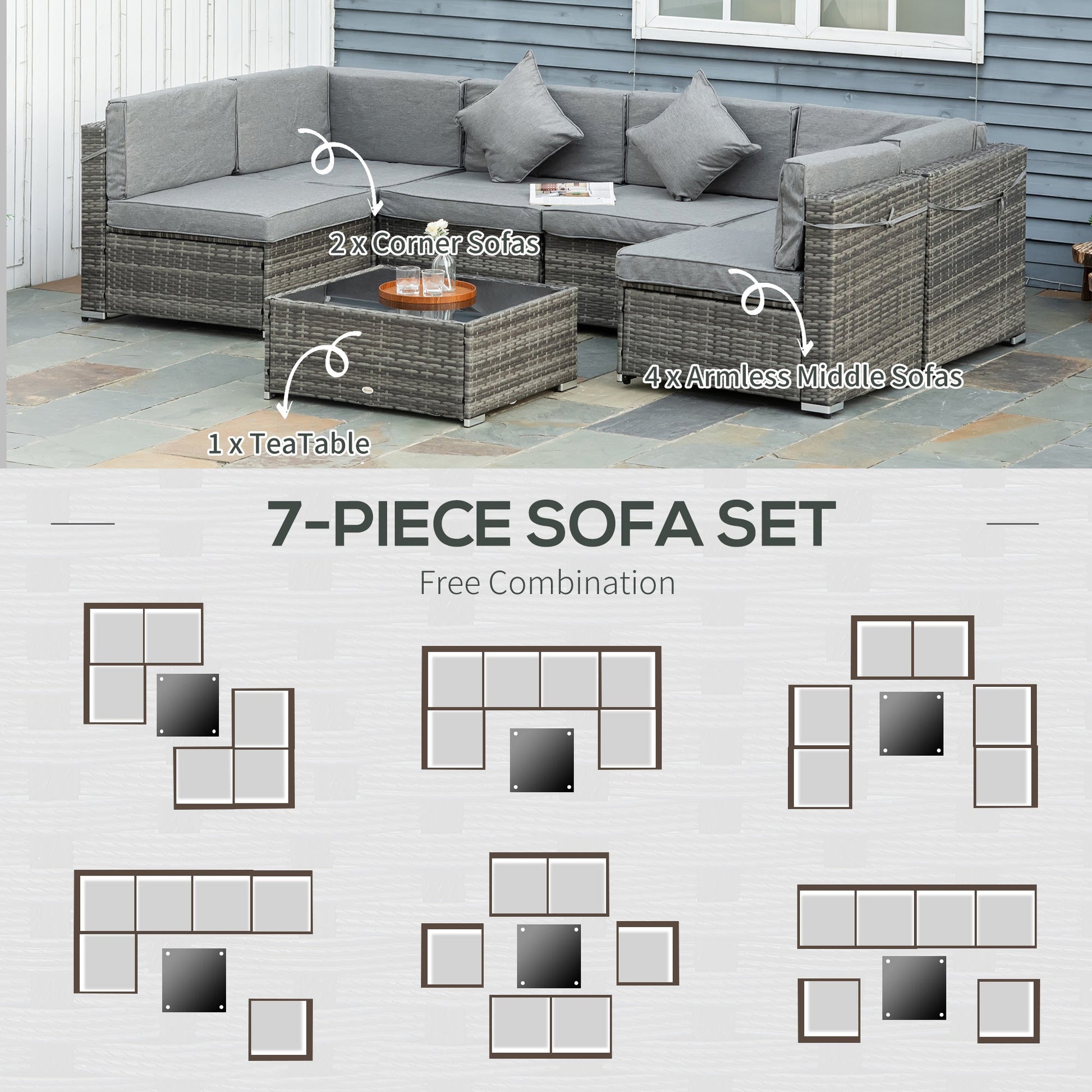 7 Piece Patio Furniture Set, PE Rattan Outdoor Conversation Set with Sectional Sofa, Glass Tabletop, Cushions and Pillows for Garden, Lawn, Deck, Mixed Grey and Grey