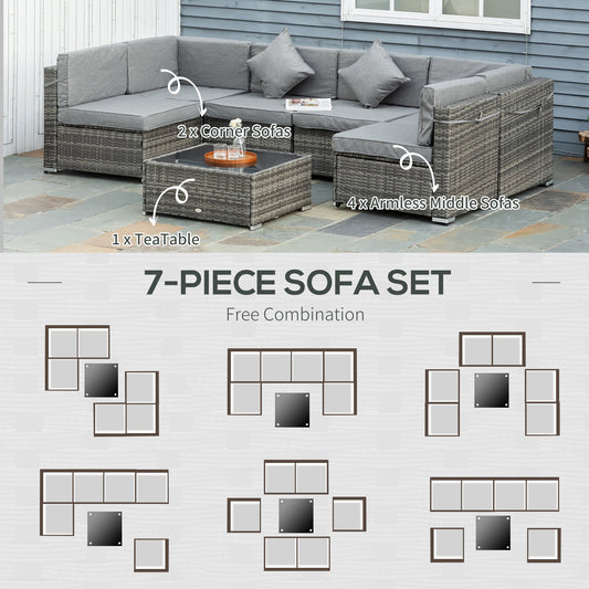 7 Piece Patio Furniture Set, PE Rattan Outdoor Conversation Set with Sectional Sofa, Glass Tabletop, Cushions and Pillows for Garden, Lawn, Deck, Mixed Grey and Grey