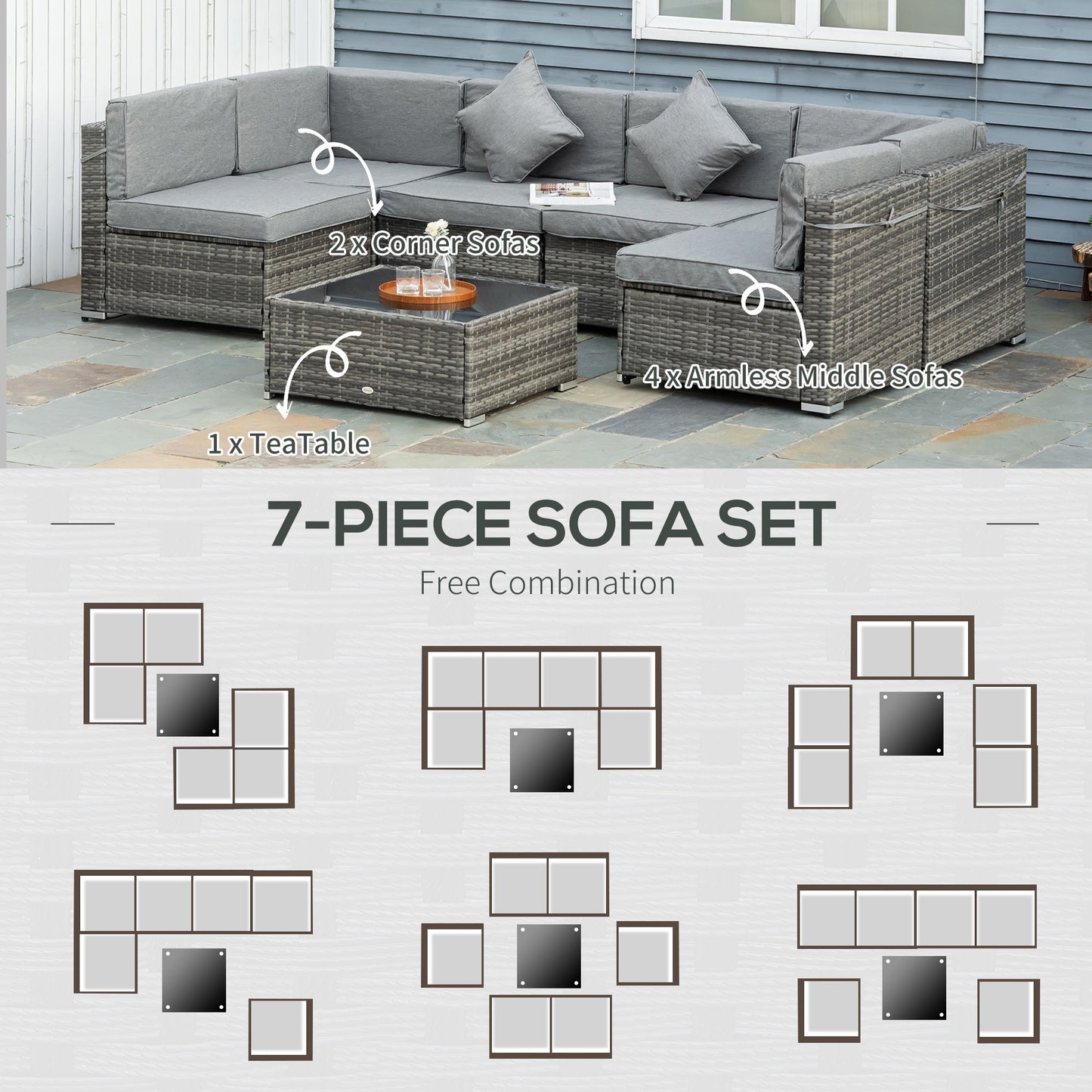7 Piece Patio Furniture Set, PE Rattan Outdoor Conversation Set with Sectional Sofa, Glass Tabletop, Cushions and Pillows for Garden, Lawn, Deck, Mixed Grey and Grey