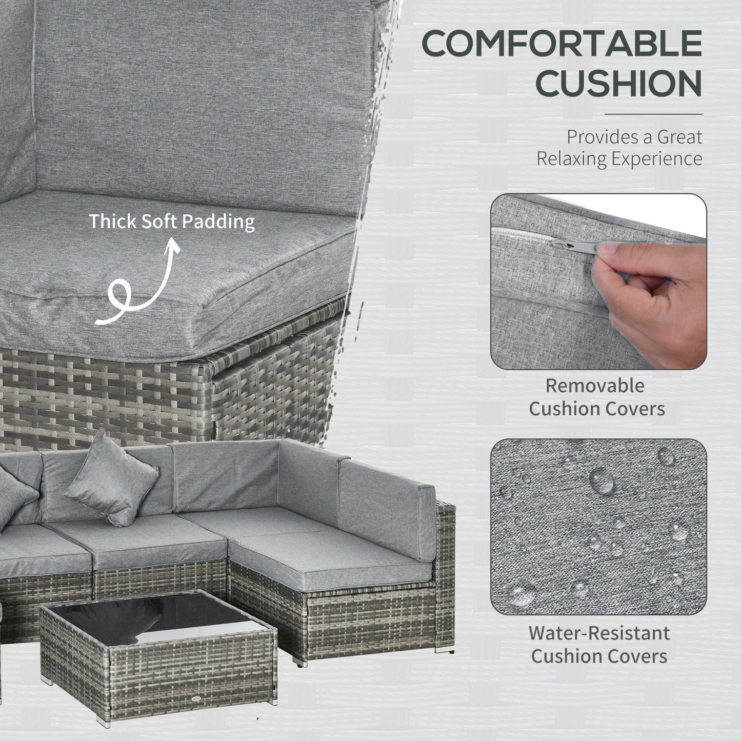 7 Piece Patio Furniture Set, PE Rattan Outdoor Conversation Set with Sectional Sofa, Glass Tabletop, Cushions and Pillows for Garden, Lawn, Deck, Mixed Grey and Grey