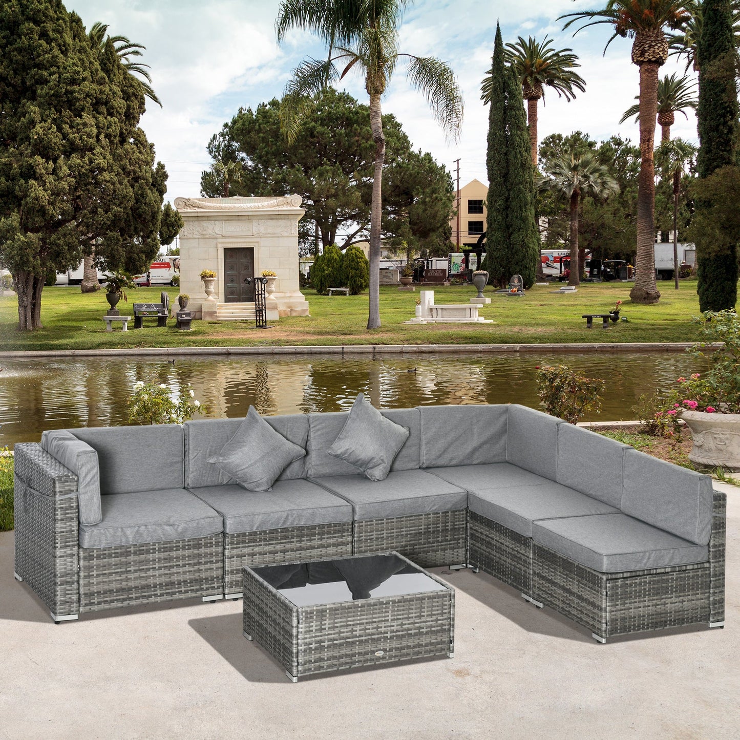 7 Piece Patio Furniture Set, PE Rattan Outdoor Conversation Set with Sectional Sofa, Glass Tabletop, Cushions and Pillows for Garden, Lawn, Deck, Mixed Grey and Grey