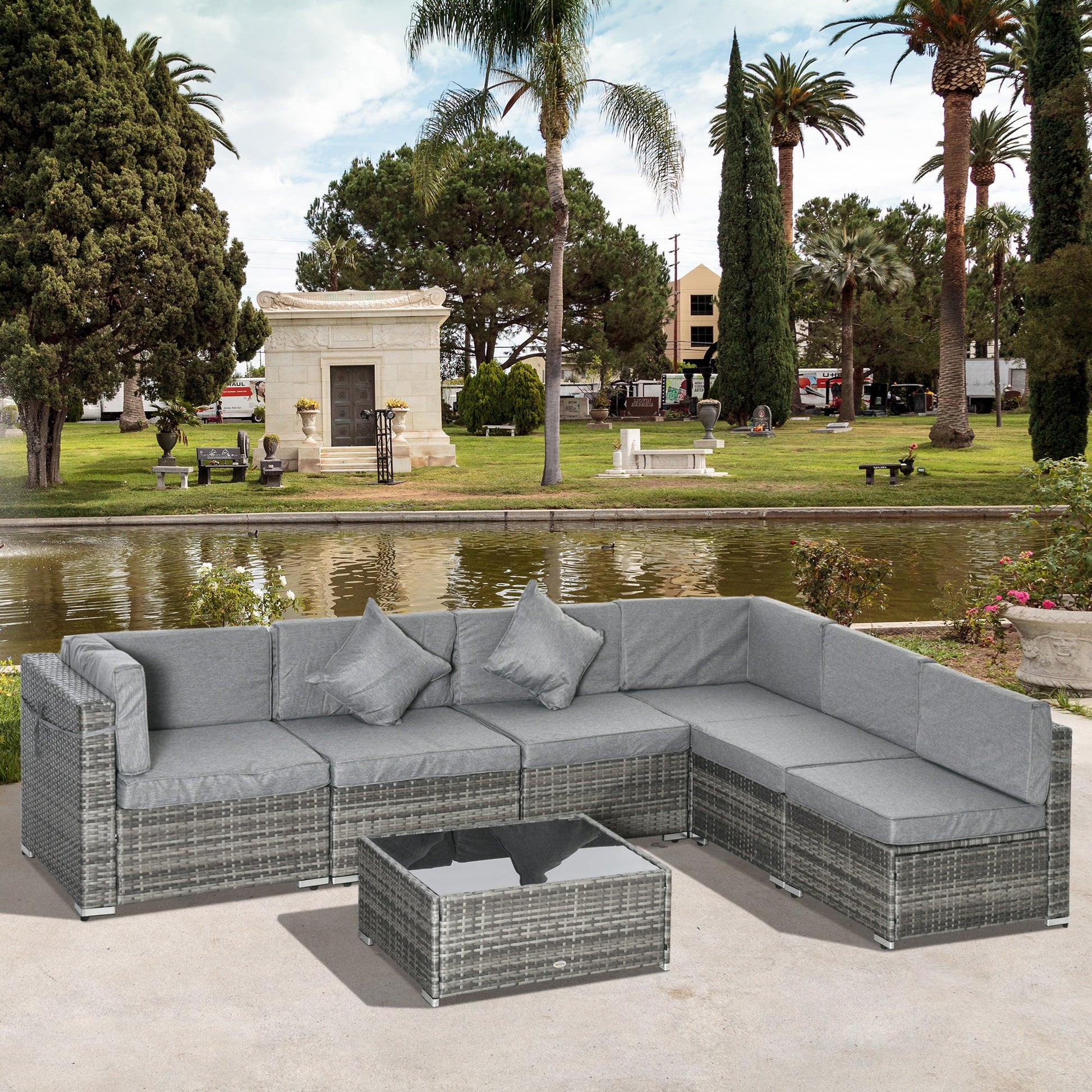 7 Piece Patio Furniture Set, PE Rattan Outdoor Conversation Set with Sectional Sofa, Glass Tabletop, Cushions and Pillows for Garden, Lawn, Deck, Mixed Grey and Grey