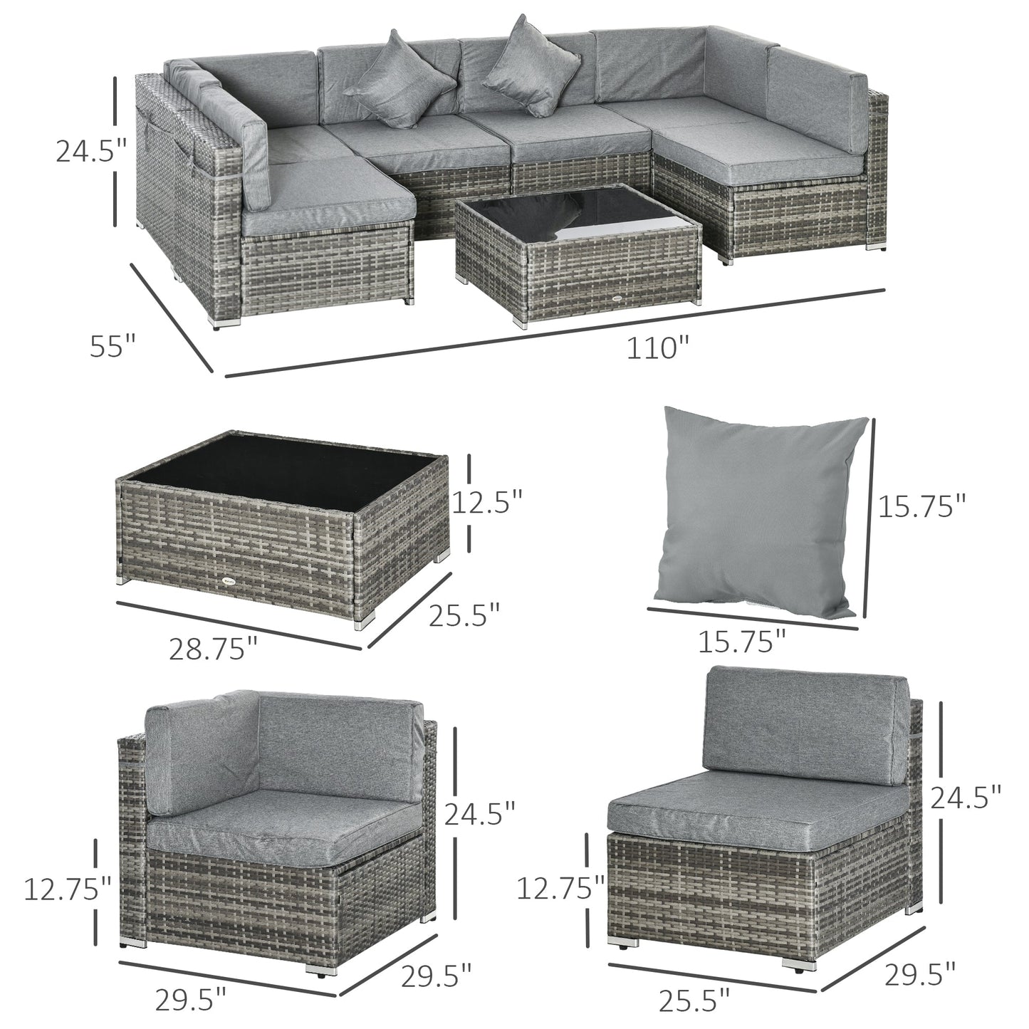 7 Piece Patio Furniture Set, PE Rattan Outdoor Conversation Set with Sectional Sofa, Glass Tabletop, Cushions and Pillows for Garden, Lawn, Deck, Mixed Grey and Grey