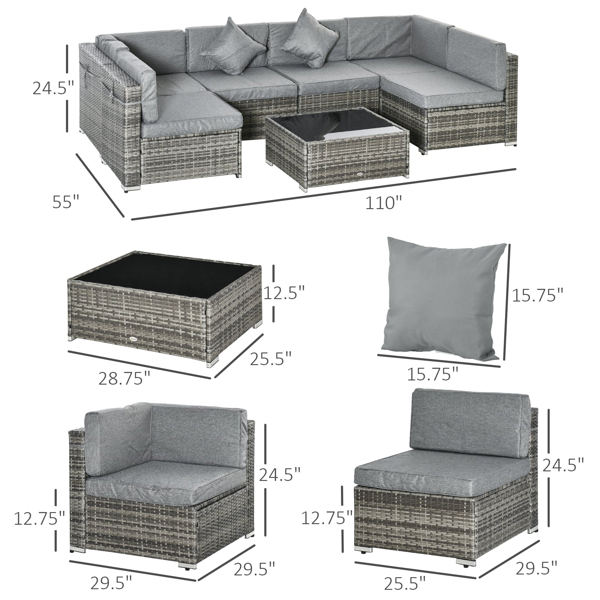7 Piece Patio Furniture Set, PE Rattan Outdoor Conversation Set with Sectional Sofa, Glass Tabletop, Cushions and Pillows for Garden, Lawn, Deck, Mixed Grey and Grey