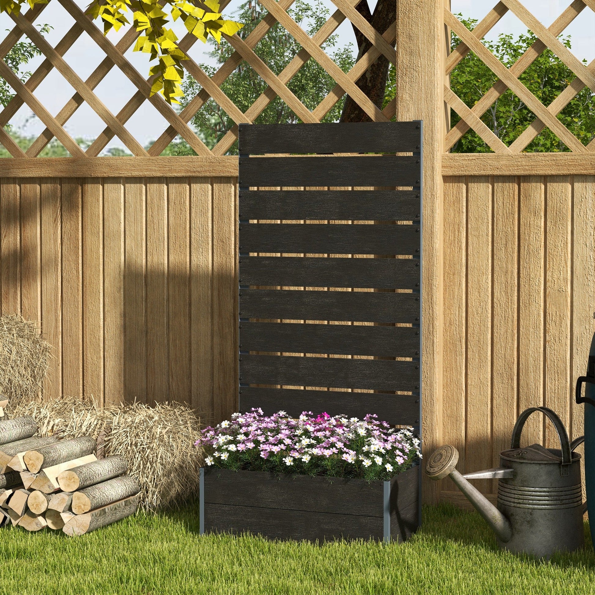 Raised Garden Bed with Trellis, 28" x 15" x 59" Freestanding Planter Box with Self Draining Gap, Elevated Planter for Climbing Vines, Flowers, Vegetables, Black