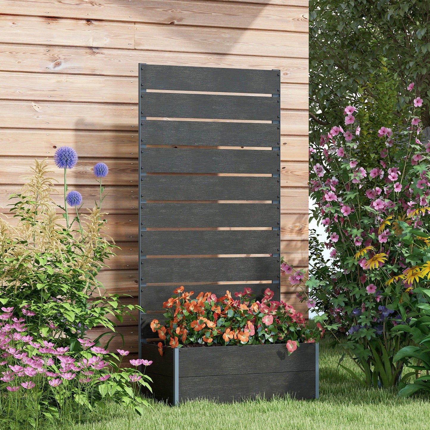Raised Garden Bed with Trellis, 28" x 15" x 59" Freestanding Planter Box with Self Draining Gap, Elevated Planter for Climbing Vines, Flowers, Vegetables, Black