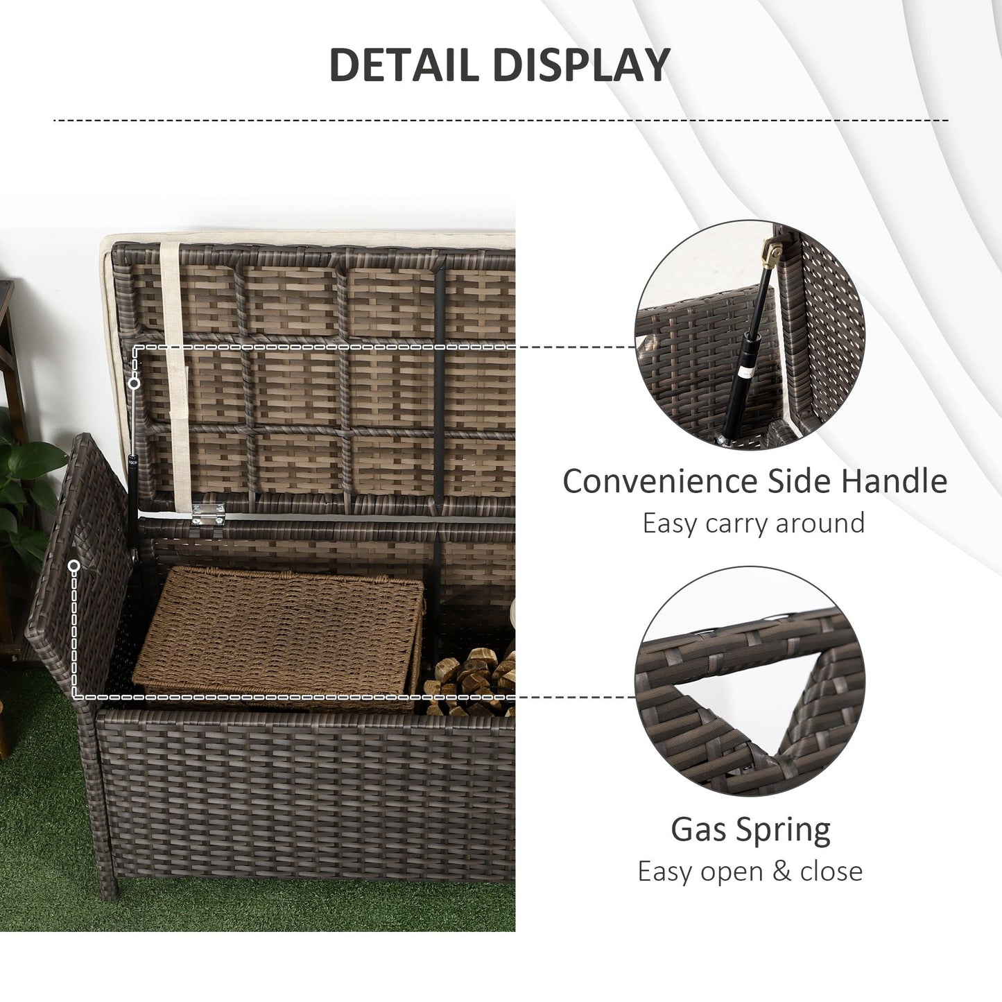 2-In-1 Patio Wicker Storage Bench, 29 Gallon Outdoor PE Rattan Patio Furniture, Large Capacity Rectangle Basket Box with Handles and Cushion, Red