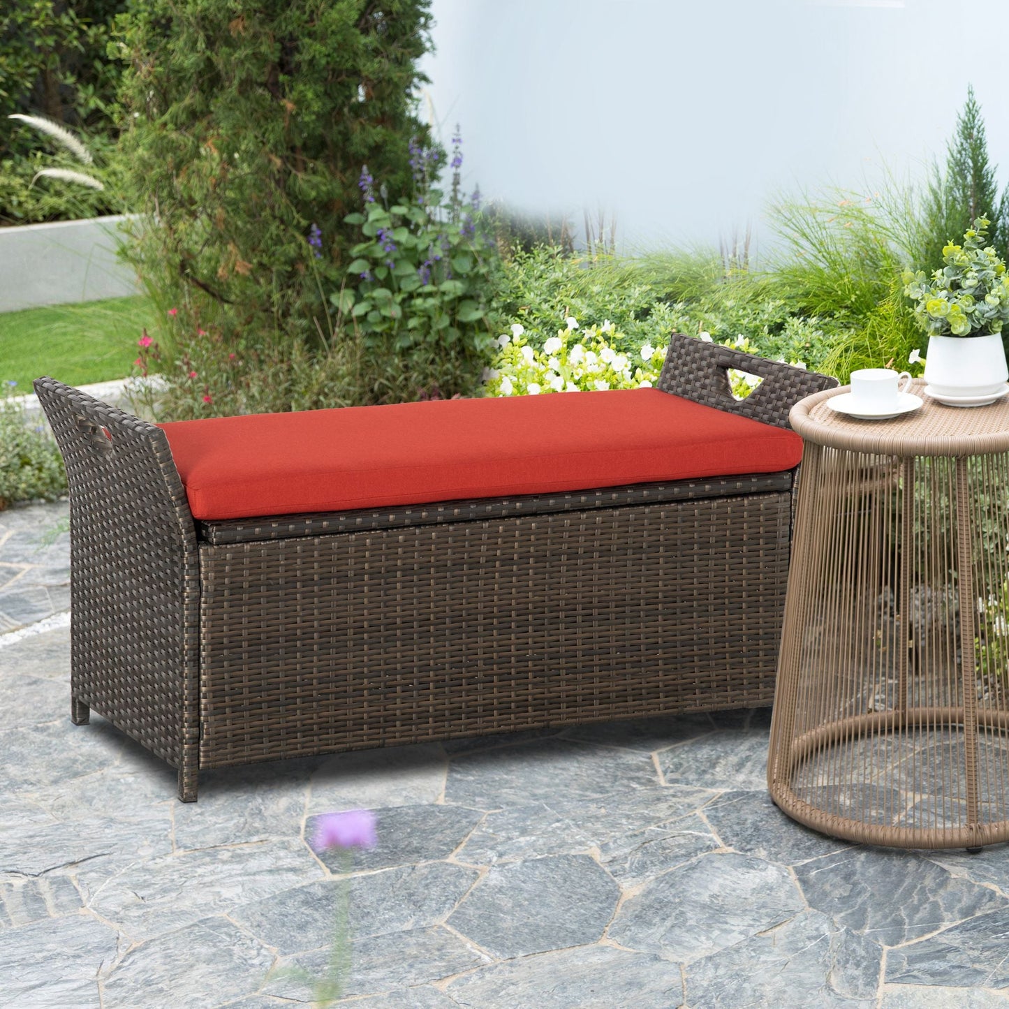 2-In-1 Patio Wicker Storage Bench, 29 Gallon Outdoor PE Rattan Patio Furniture, Large Capacity Rectangle Basket Box with Handles and Cushion, Red
