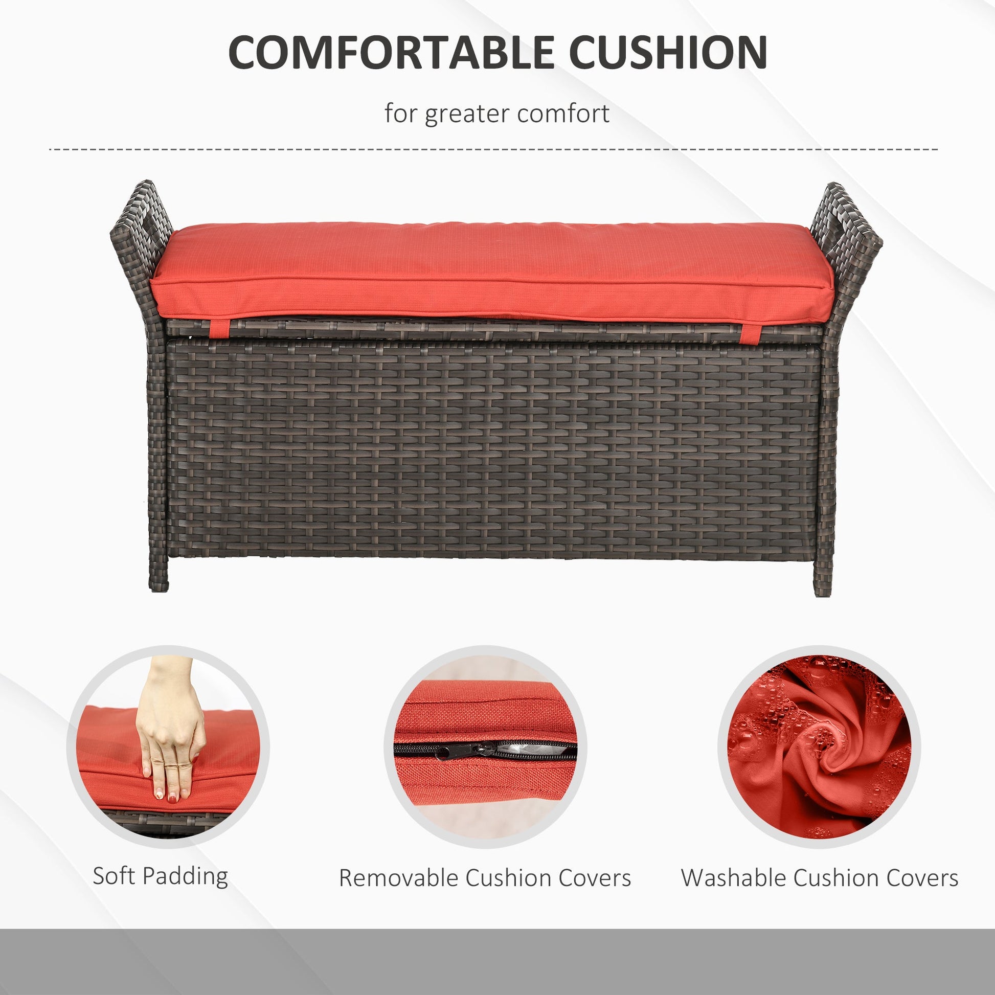 2-In-1 Patio Wicker Storage Bench, 29 Gallon Outdoor PE Rattan Patio Furniture, Large Capacity Rectangle Basket Box with Handles and Cushion, Red