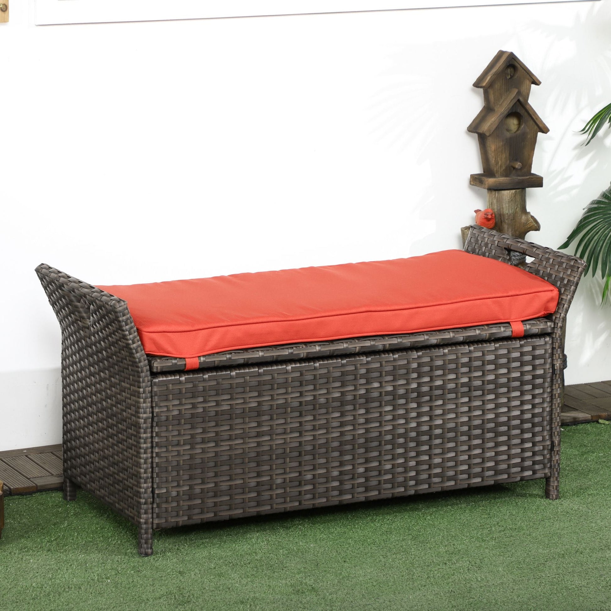 2-In-1 Patio Wicker Storage Bench, 29 Gallon Outdoor PE Rattan Patio Furniture, Large Capacity Rectangle Basket Box with Handles and Cushion, Red