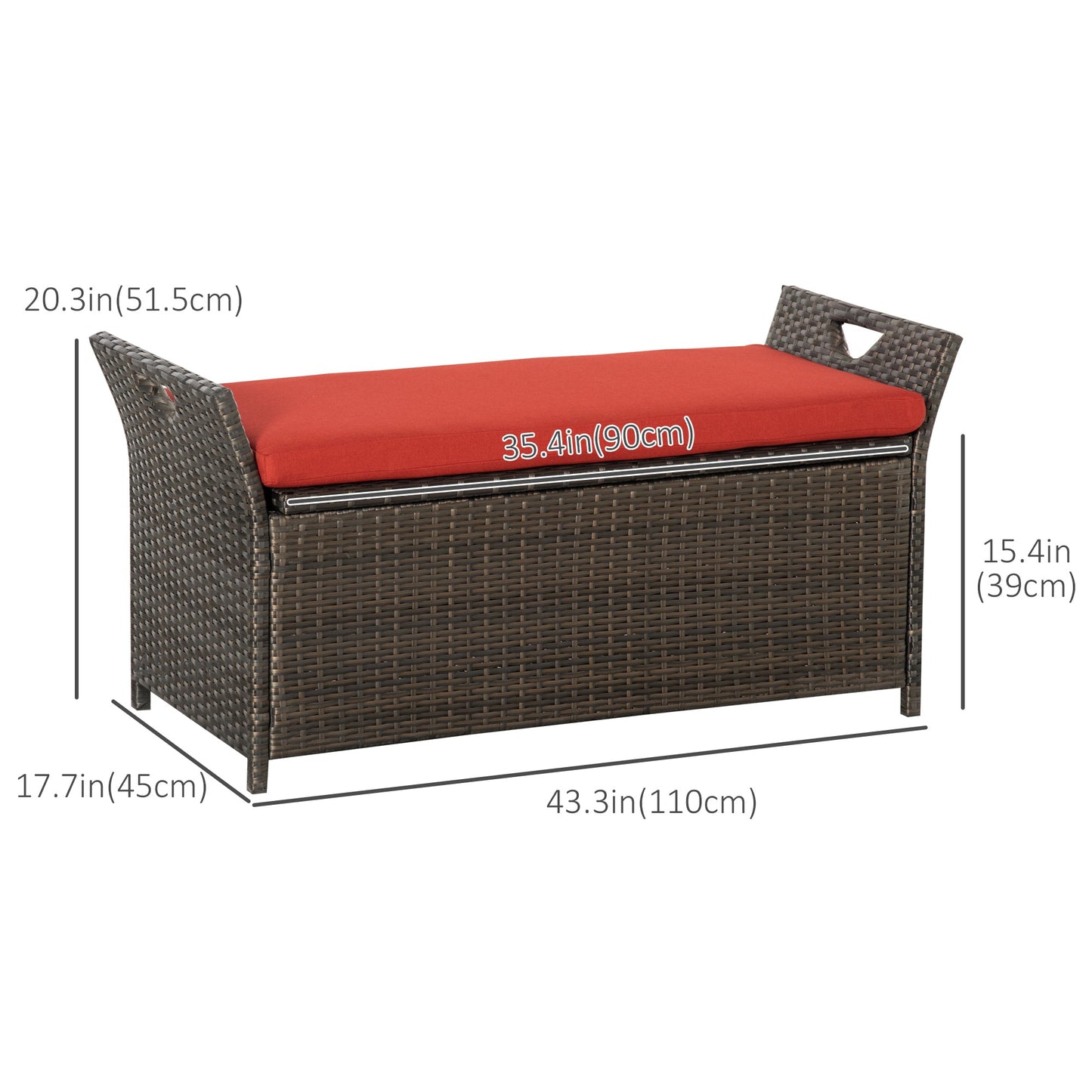 2-In-1 Patio Wicker Storage Bench, 29 Gallon Outdoor PE Rattan Patio Furniture, Large Capacity Rectangle Basket Box with Handles and Cushion, Red