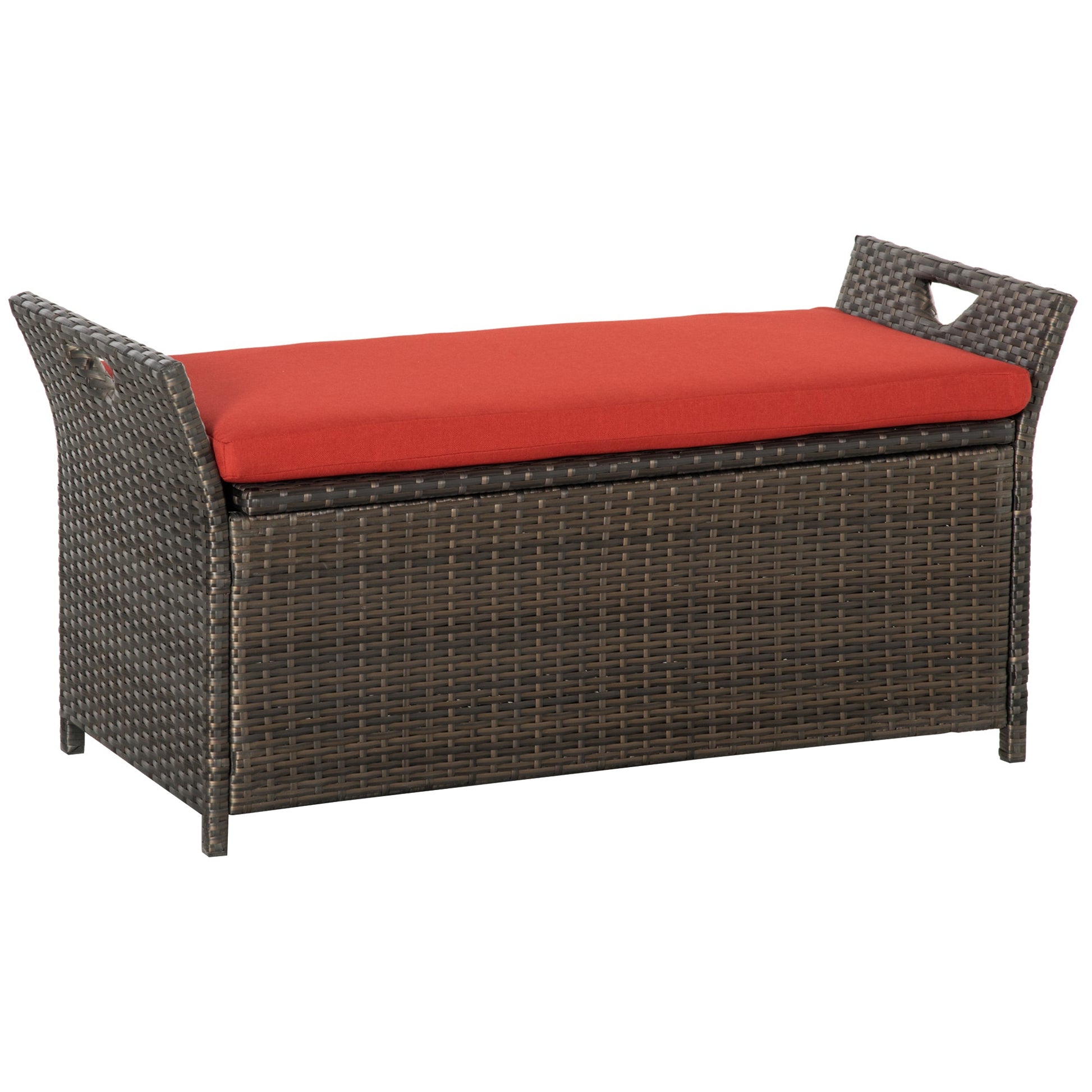 2-In-1 Patio Wicker Storage Bench, 29 Gallon Outdoor PE Rattan Patio Furniture, Large Capacity Rectangle Basket Box with Handles and Cushion, Red